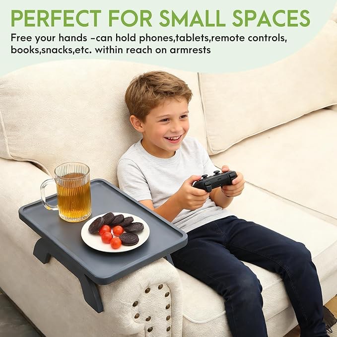 SINWANT Mesa de Brazo de Sofá, Bandeja con Clip para Brazo de Sofá, Mesa de Apoyabrazos de Bambú Adecuada para Bebidas/Comida/Fruta en Casa, Bandeja para Silla de Snack para Beber y Comer