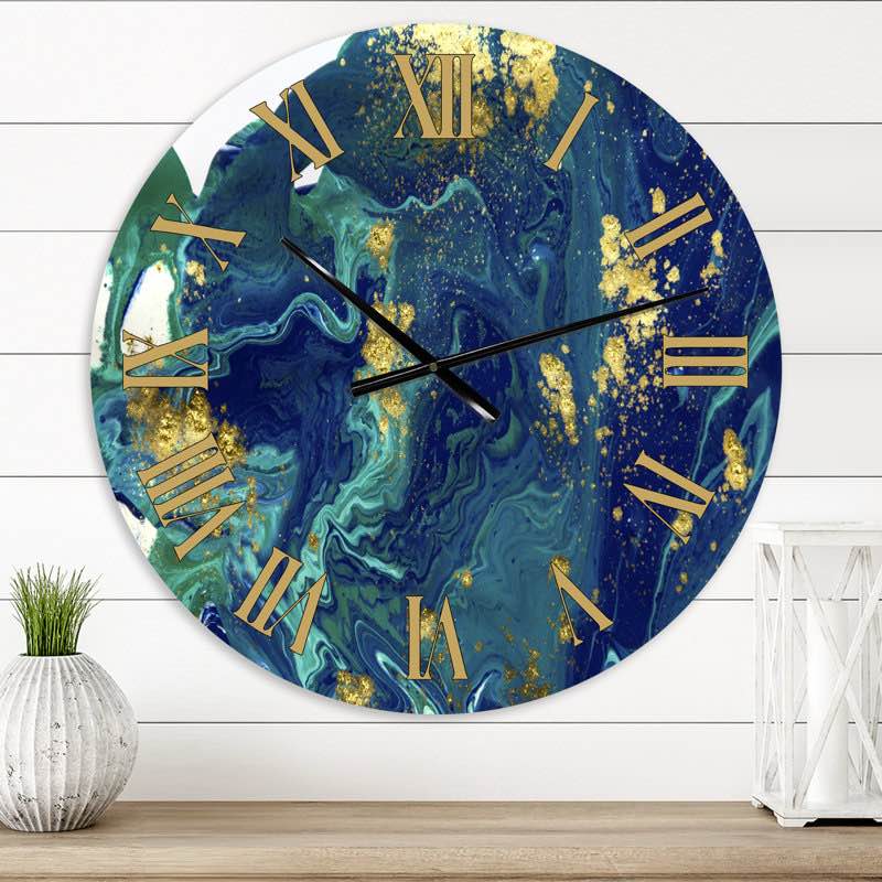 Golden Marble on Dark Blue Universe - Modern wall clock