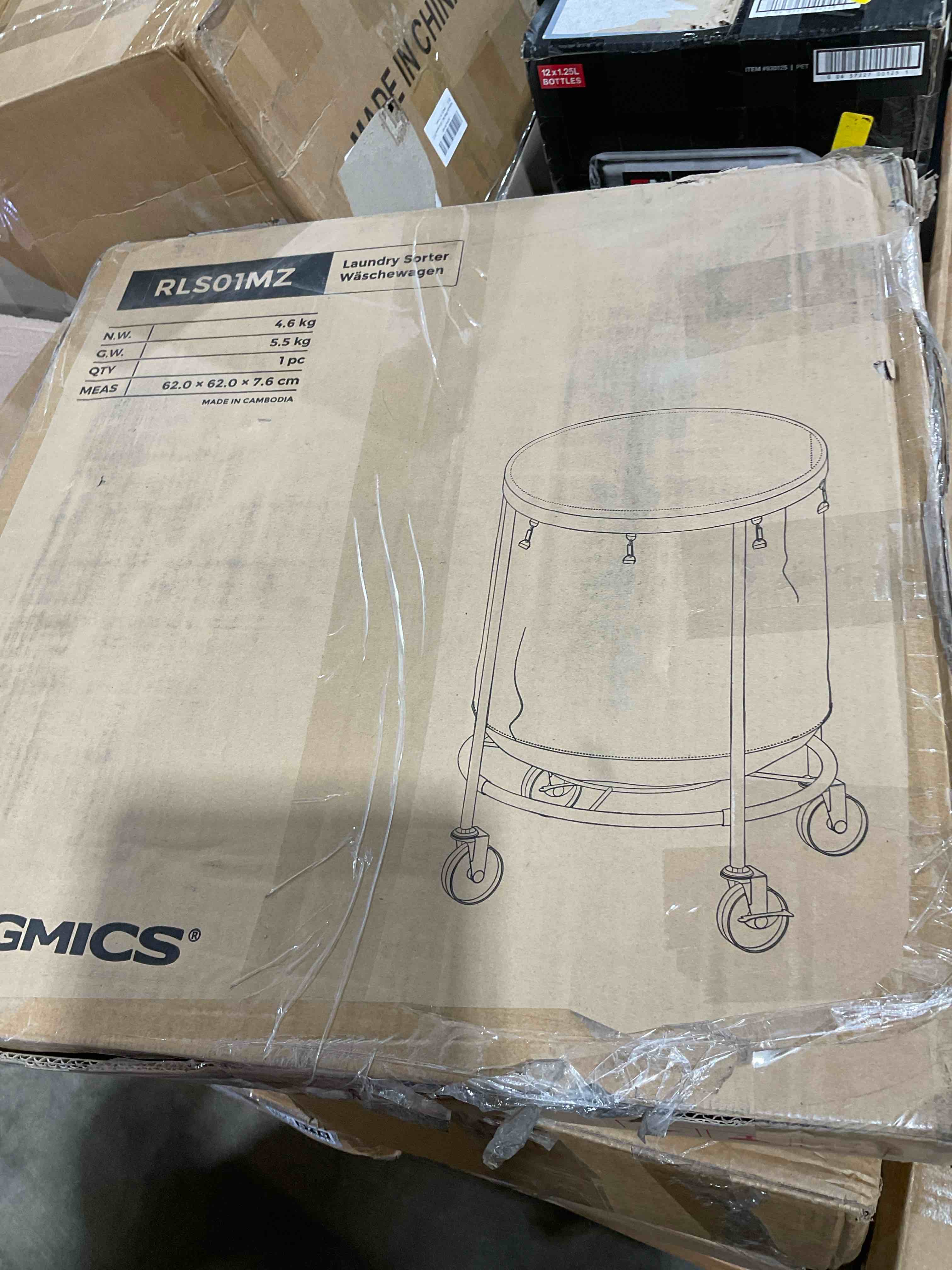 Condition photo showing New/Like New for songmics 50.2-gallon (190 l) laundry basket with wheels, rolling round heavy-duty laundry hamper cart with steel frame and removable bag, 2 locking wheels, cream white and metallic silver urls01mz cream white + metallic silver 190 l (1-section)