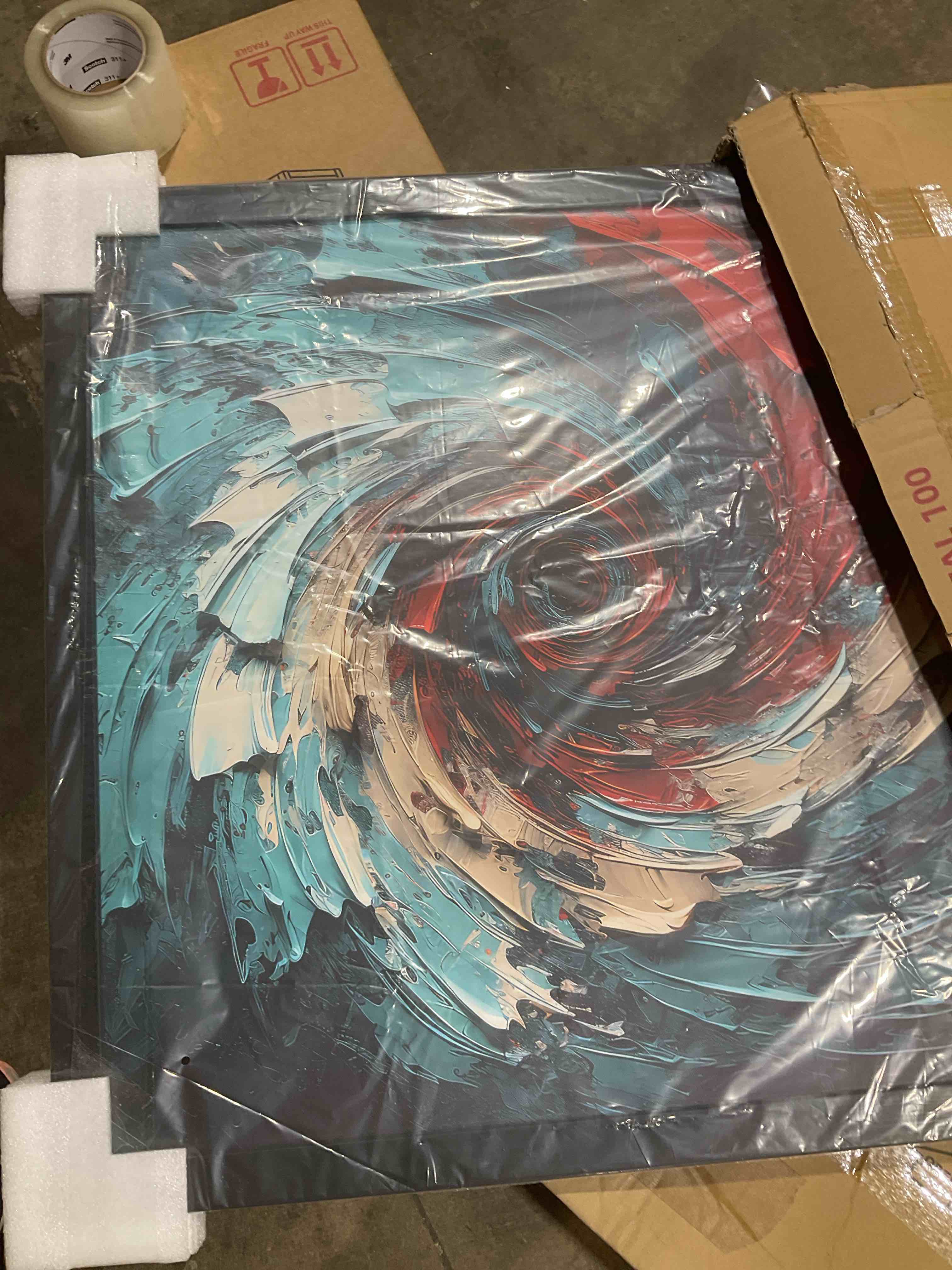 Condition photo showing New/Like New for designart "majestic motion spiral in red and blue ii" abstract spirals floater framed wall art living room