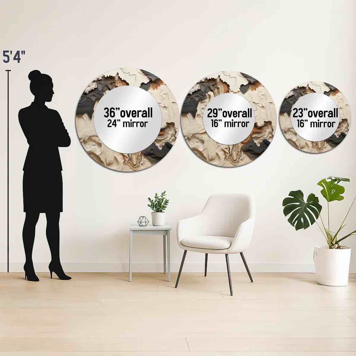 Condition photo showing New/Like New for beige and brown african river collage - abstract shapes unique mirror, beige large round wall mirror, printed metal art