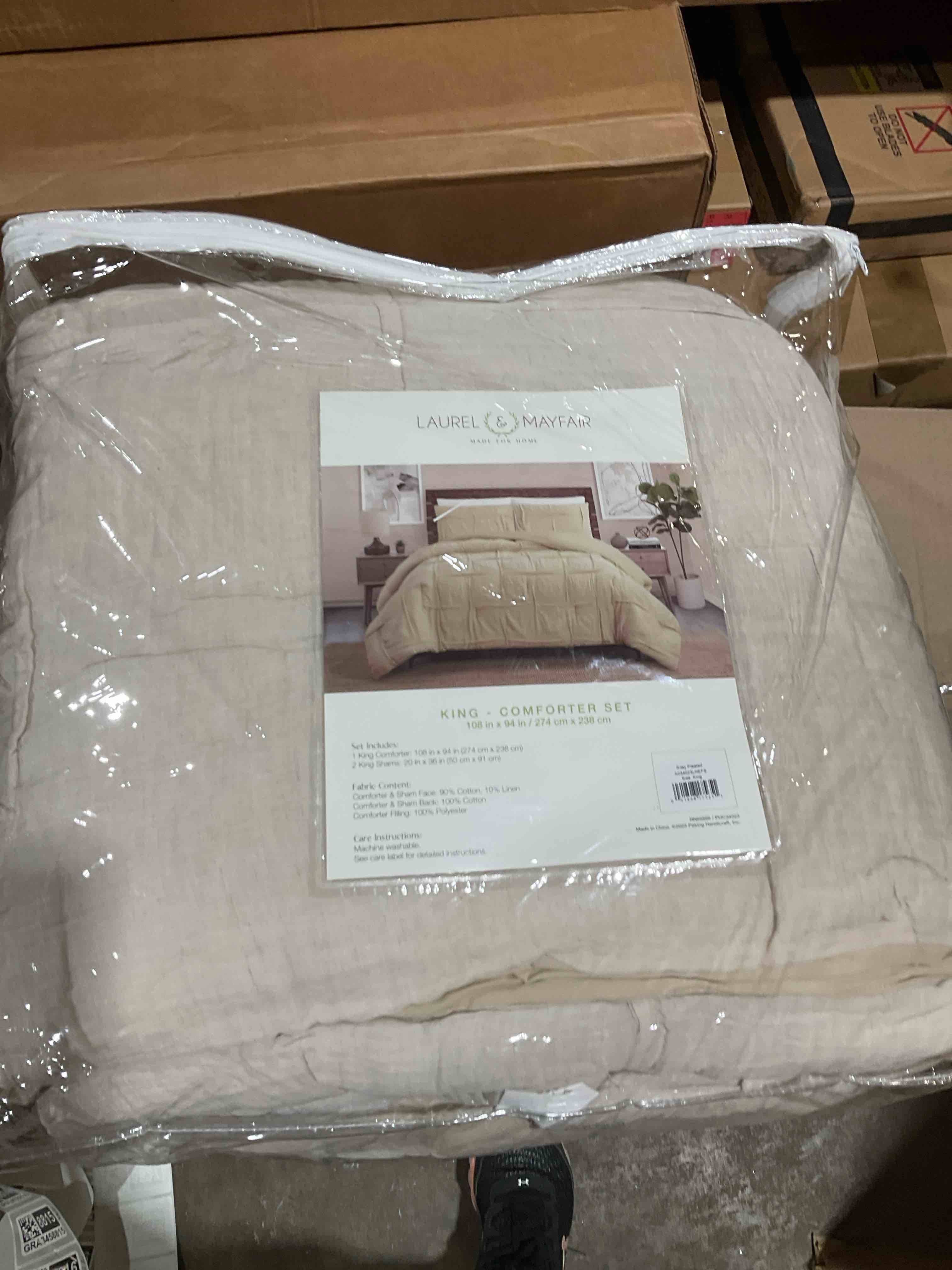 Condition photo showing New/Like New for laurel & mayfair riley pleated 3-piece comforter set - all seasons bedding set, linen beige, king