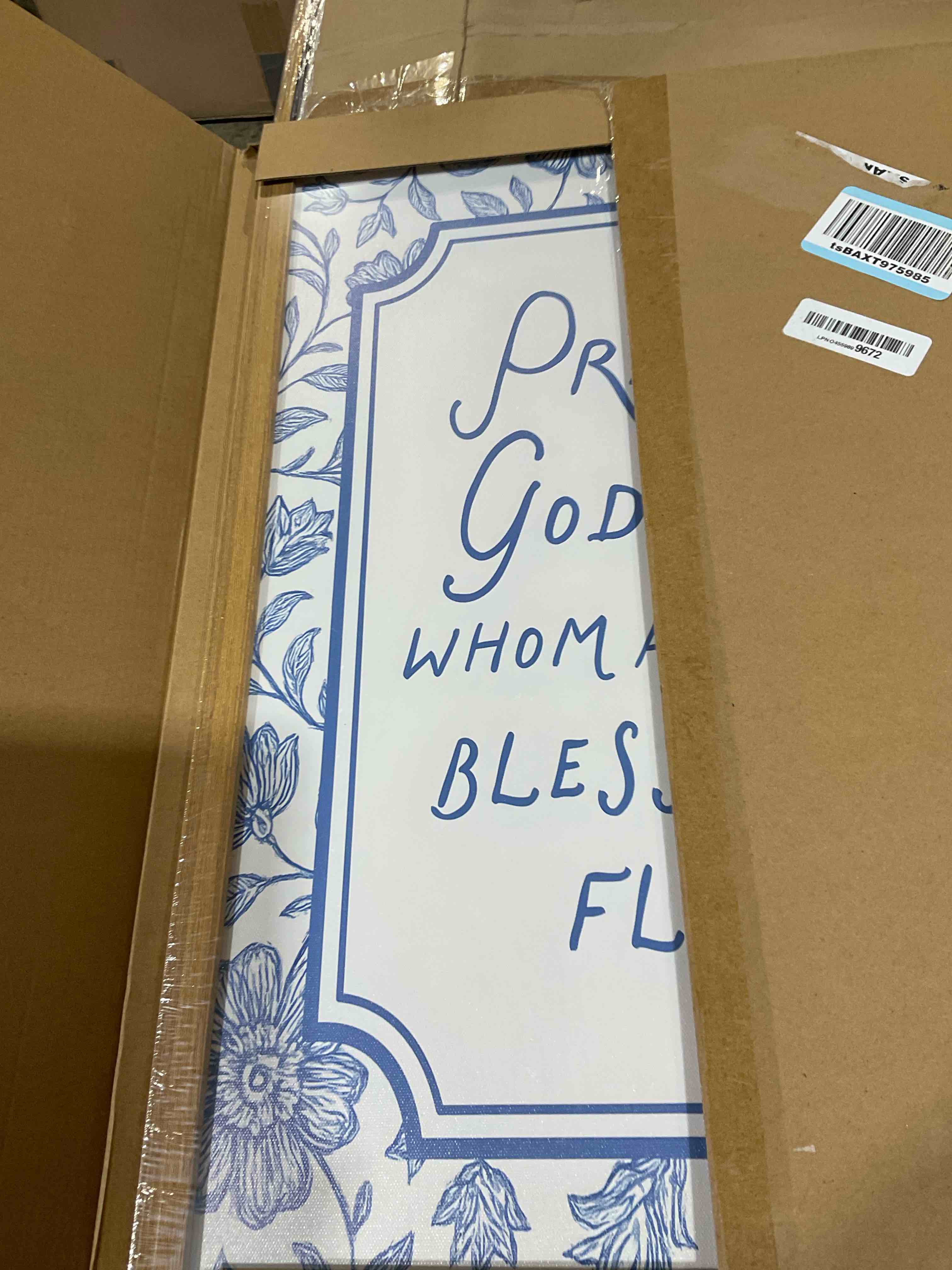 Condition photo showing New/Like New for framed vintage christian wall art praise god from whom all blessings flow poster light blue floral scripture print retro bible verse canvas painting for home faith based decor 12x16inch