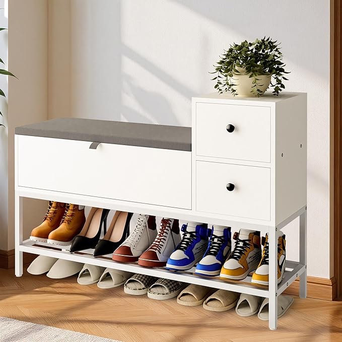 Advwin Shoe Bench with Flip Top Storage Cabinet & 2 Drawers, 10 Pairs Shoe Rack Storage Bench with Padded Cushion and Side Hook for Hallway Entryway, White