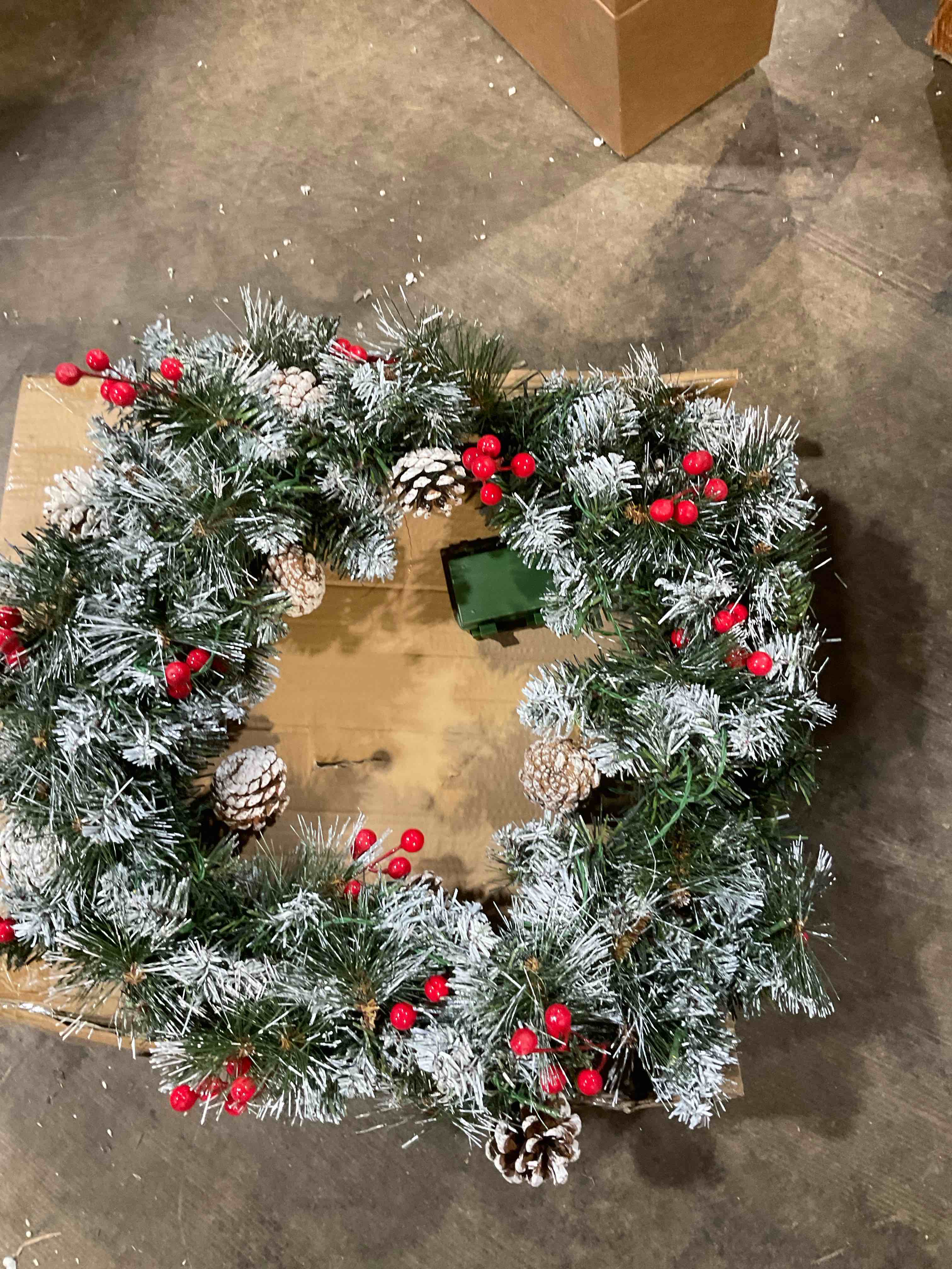 Condition photo showing Good Condition for flocked christmas wreath pre-lit 24 inch with 50 light & red ball pine cone, artificial christmas wreaths for front door with lights, wreath for christmas decoration door windows wall green