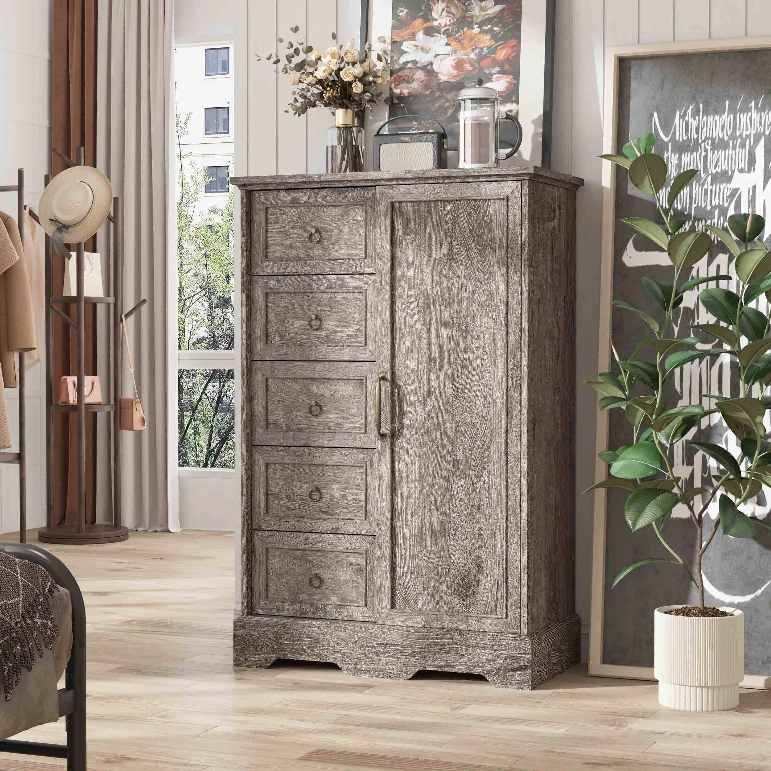 Farmhouse Sliding Barn Door 5 Drawers Dresser