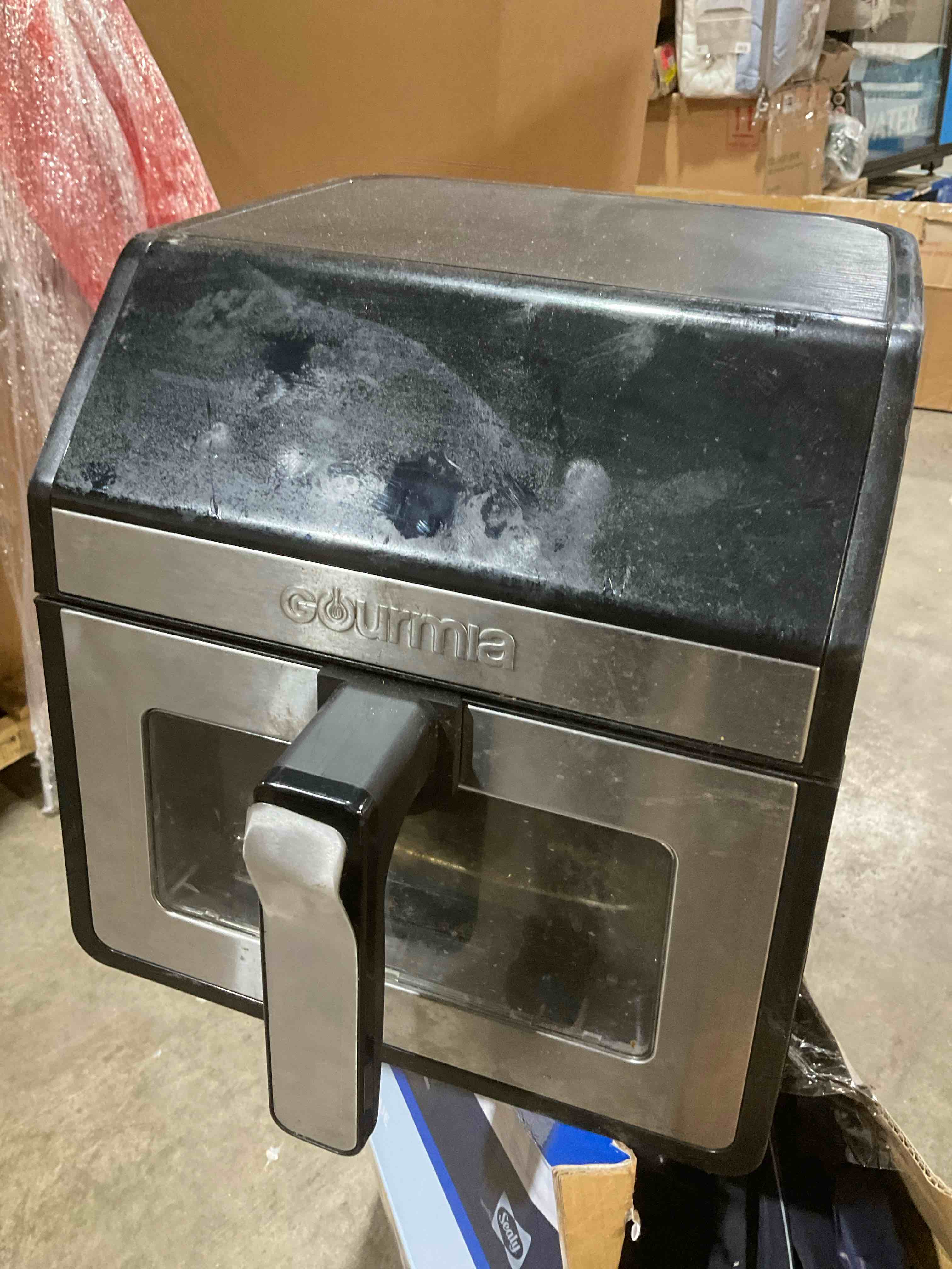 Condition photo showing As Is for gourmia 8-quart digital air fryer w/ window & light, countertop, black, new