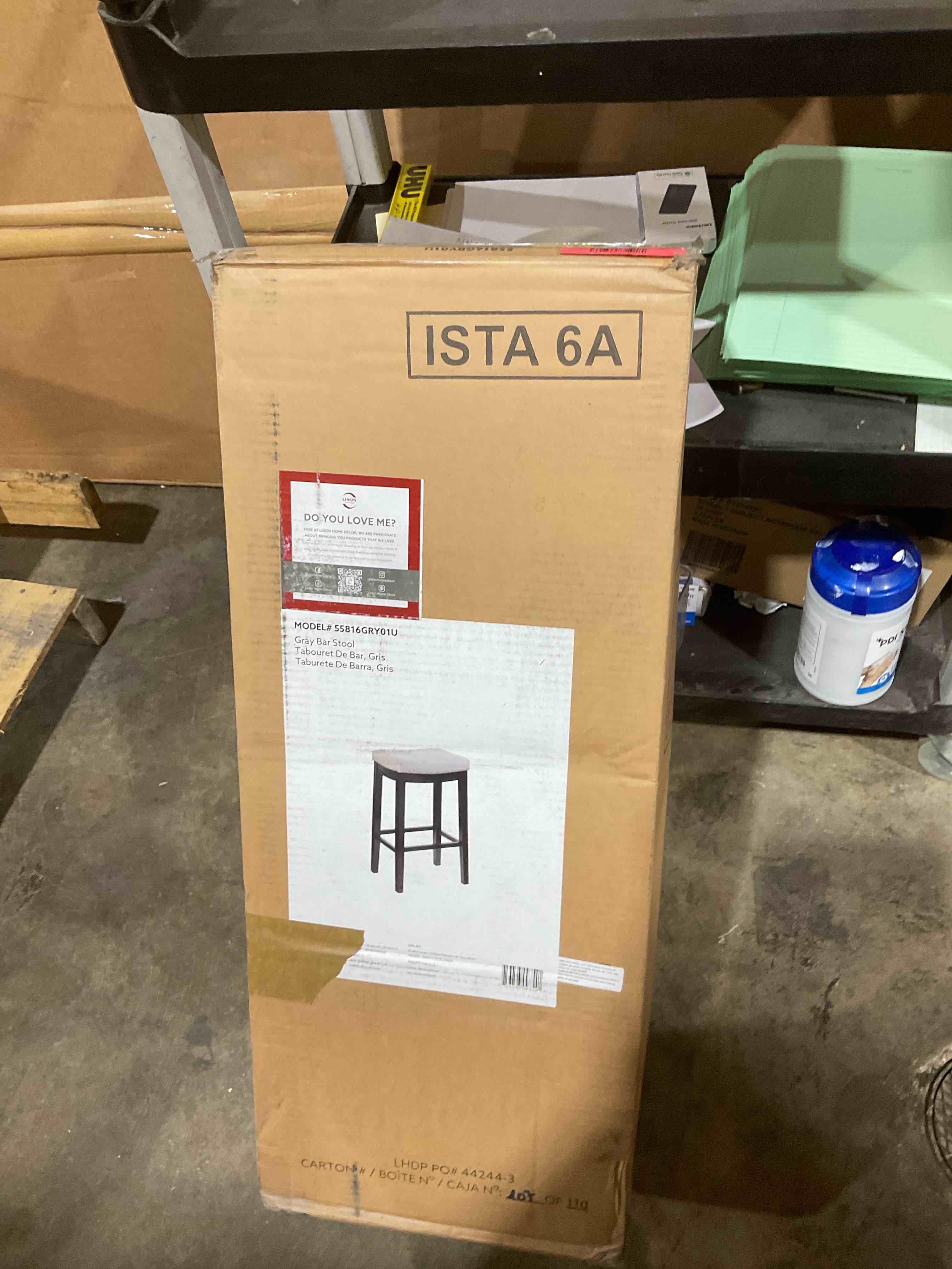 Condition photo showing New/Like New for maven lane sophia backless bar stool 31 inches – saddle stool with footrest – grey solid wood and white fabric upholstery – ideal for bars, pub tables & tall kitchen counters