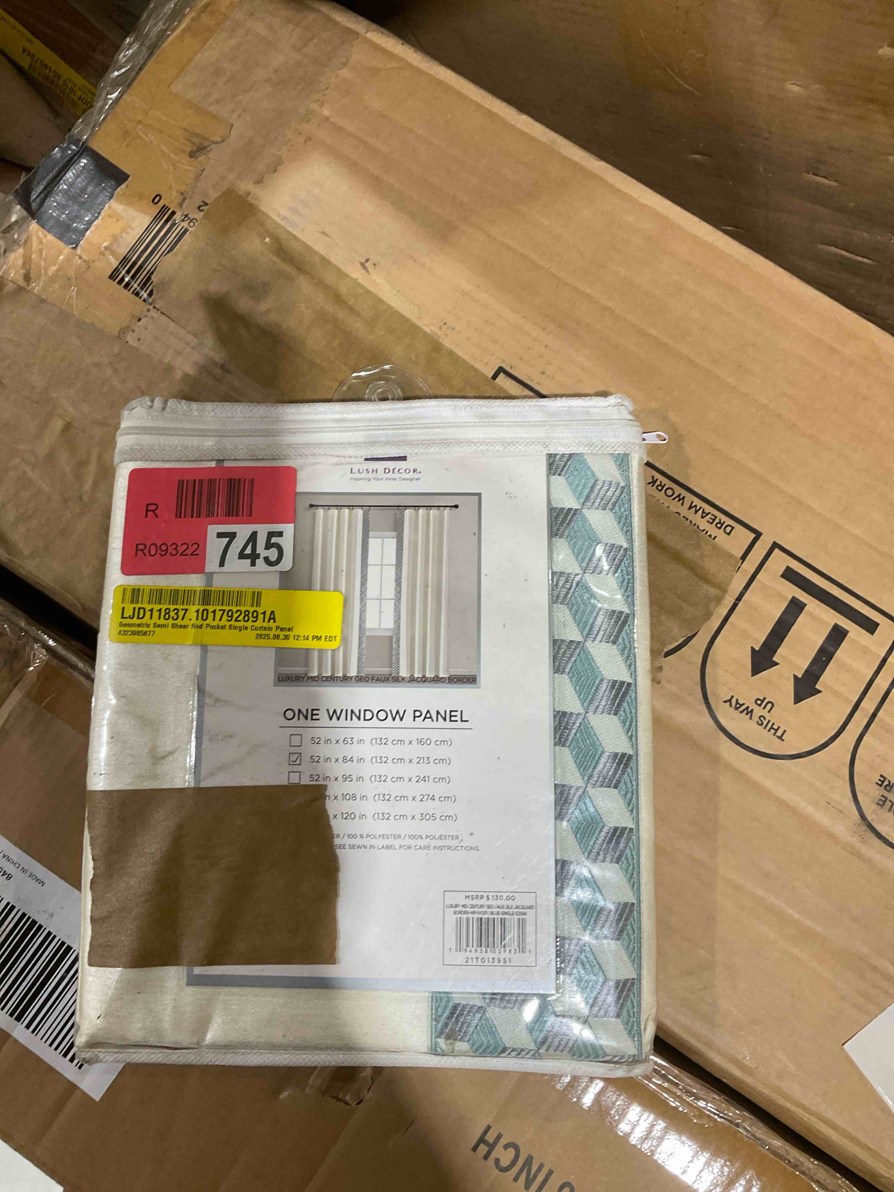 Condition photo showing New/Like New for lush decor luxury mid century geo faux silk jacquard border window curtain panel - ivory/blue single- 84 x 52