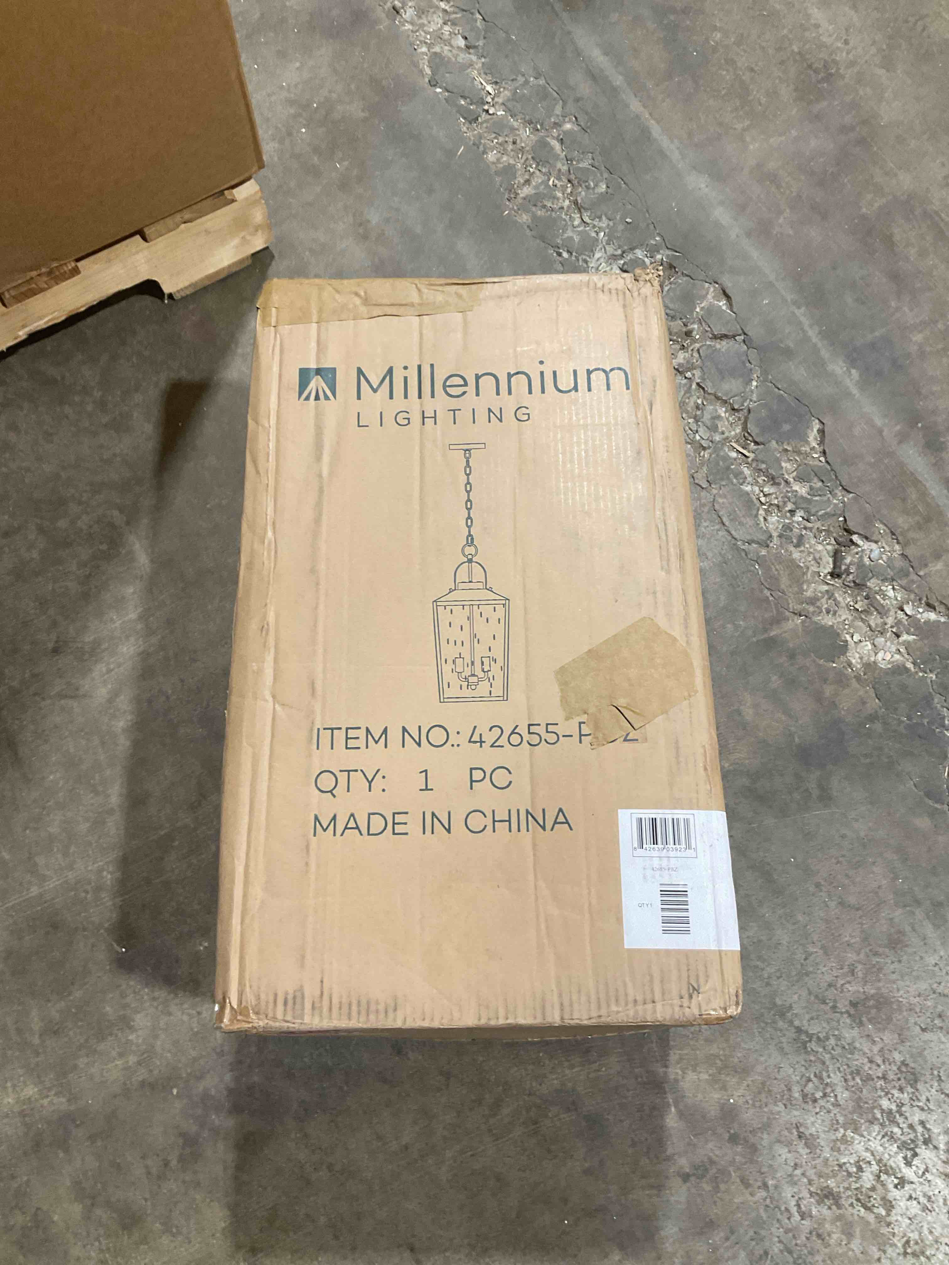 Condition photo showing New/Like New for ml lighting | devens collection | 42655-pbz | 22" modern two bulb outdoor steel large hanging lantern | anti-rust powder coat bronze with clear seeded glass shade | exterior ambient light for safety