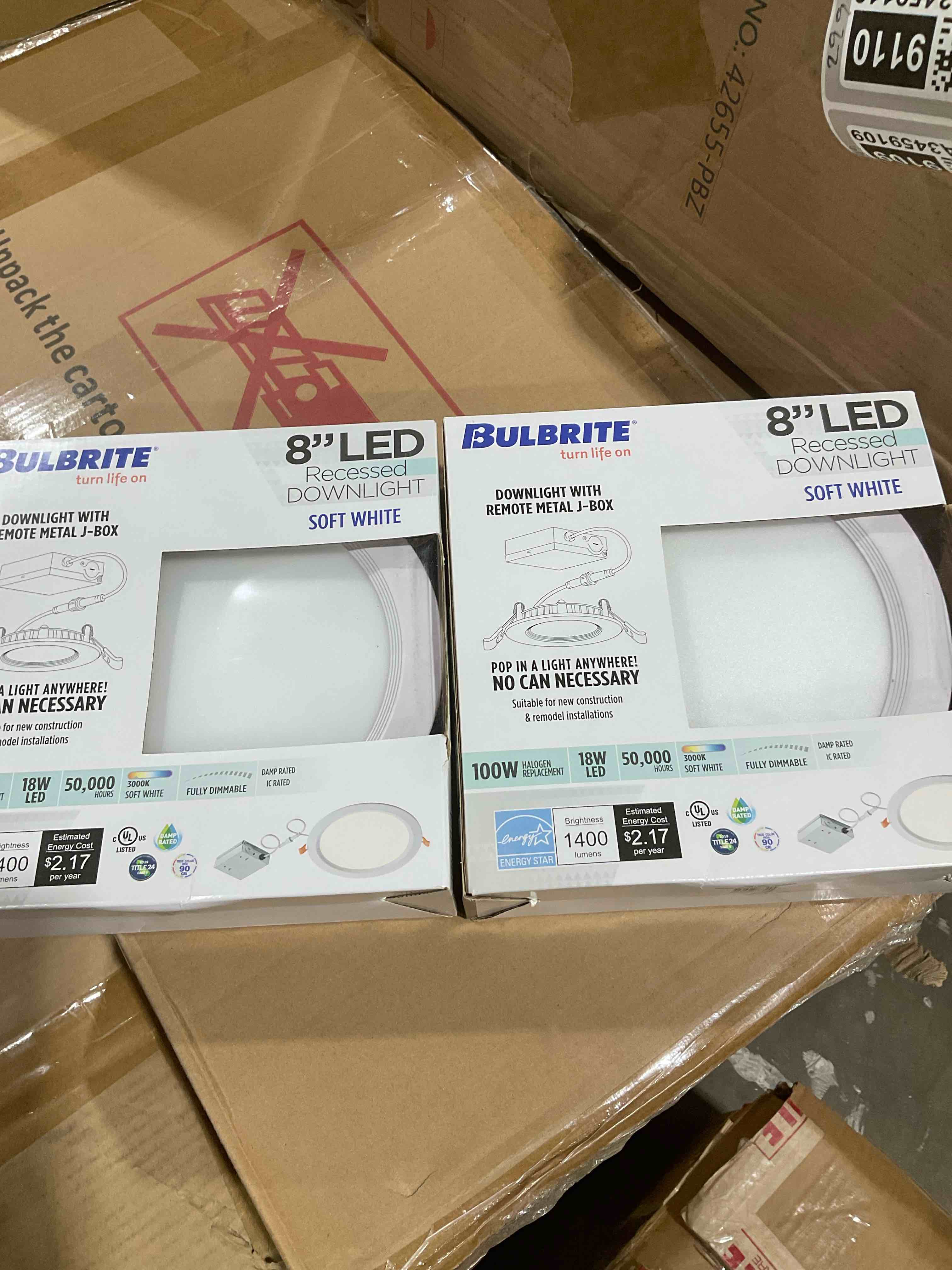 Condition photo showing New/Like New for bulbrite 773271 18 watt 120v led 8" white round recessed downlight with metal jbox, 3000k light bulb