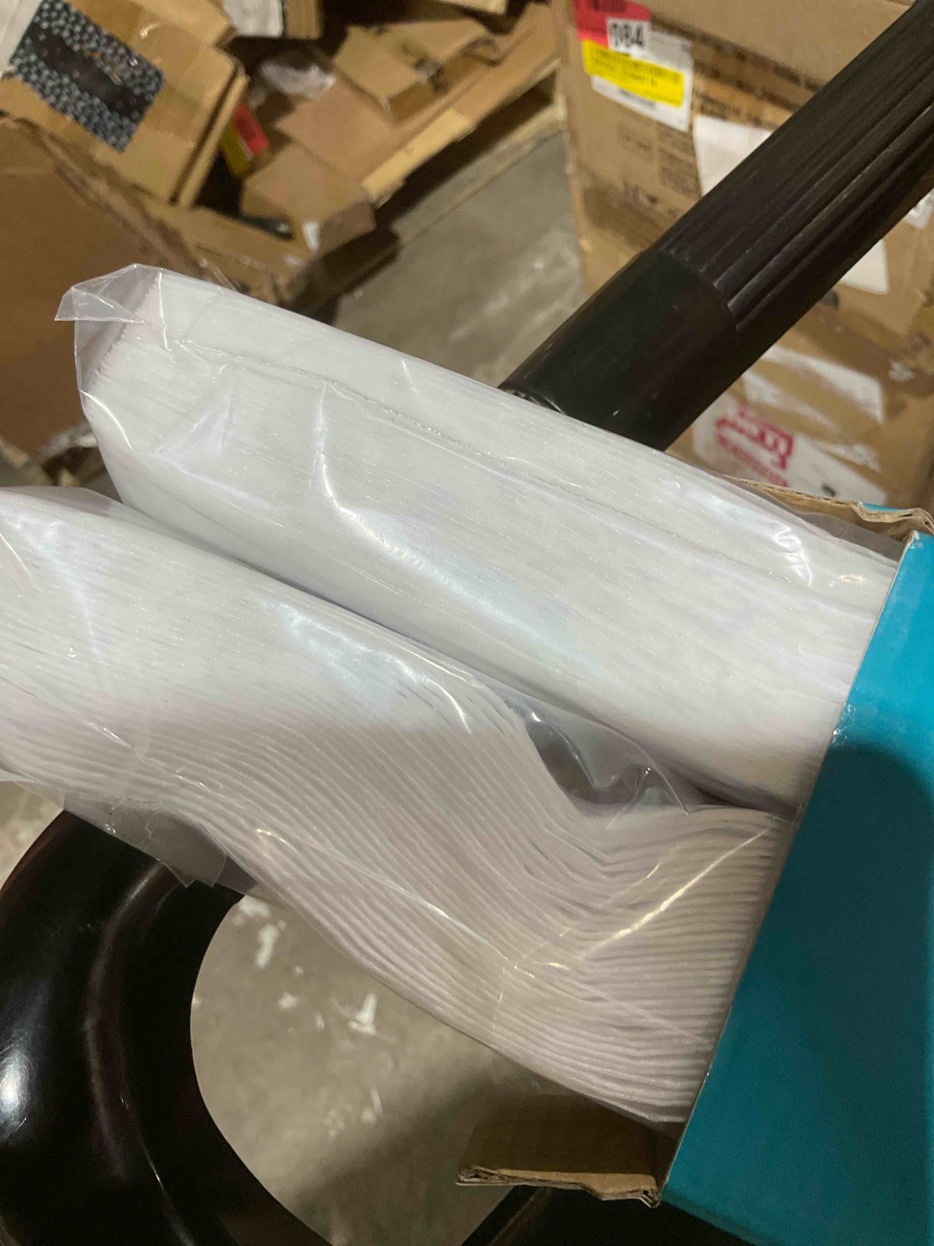 Condition photo showing New/Like New for white emboss designed cordless pleated paper shades with printed f