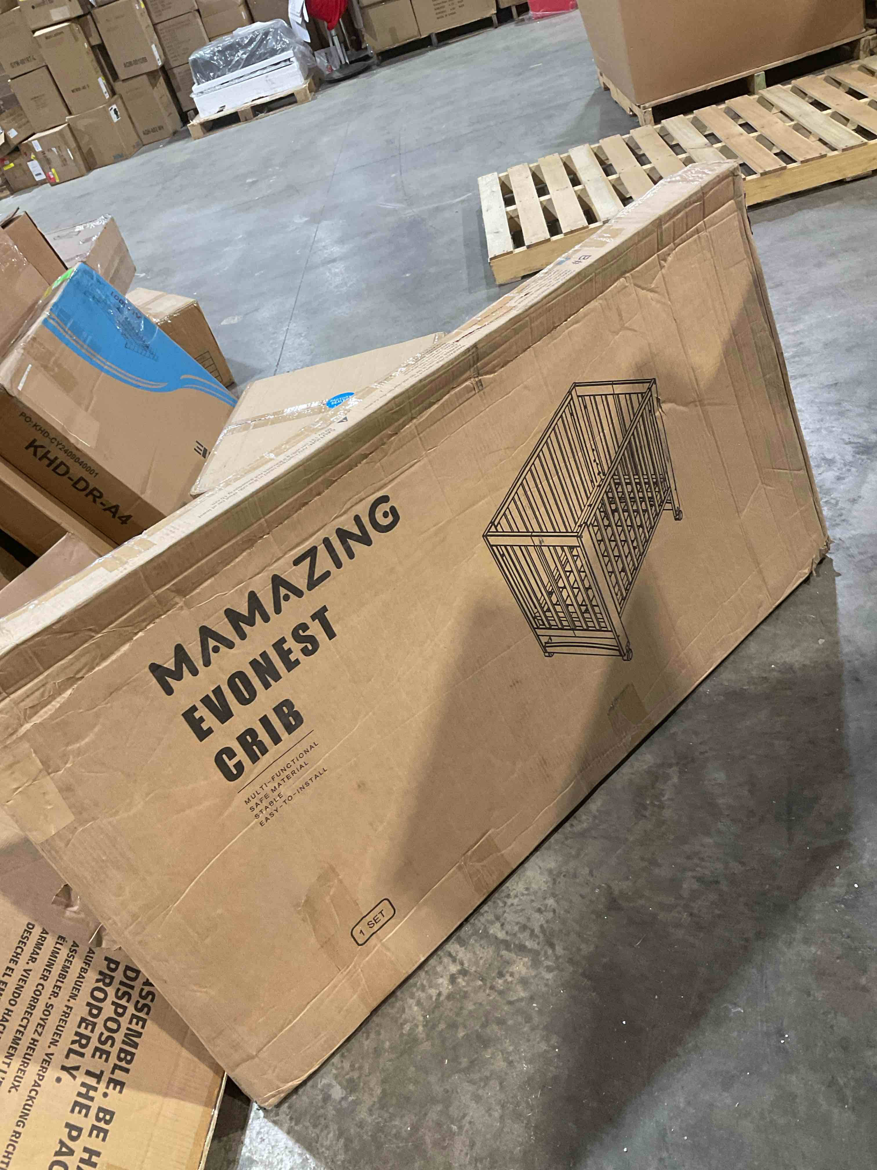 Condition photo showing New/Like New for mamazing evonest baby crib, 3 in 1 convertible mini crib with wheels, 100% new zealand wood crib, 4 adjustable mattress height, greenguard gold certified, grey