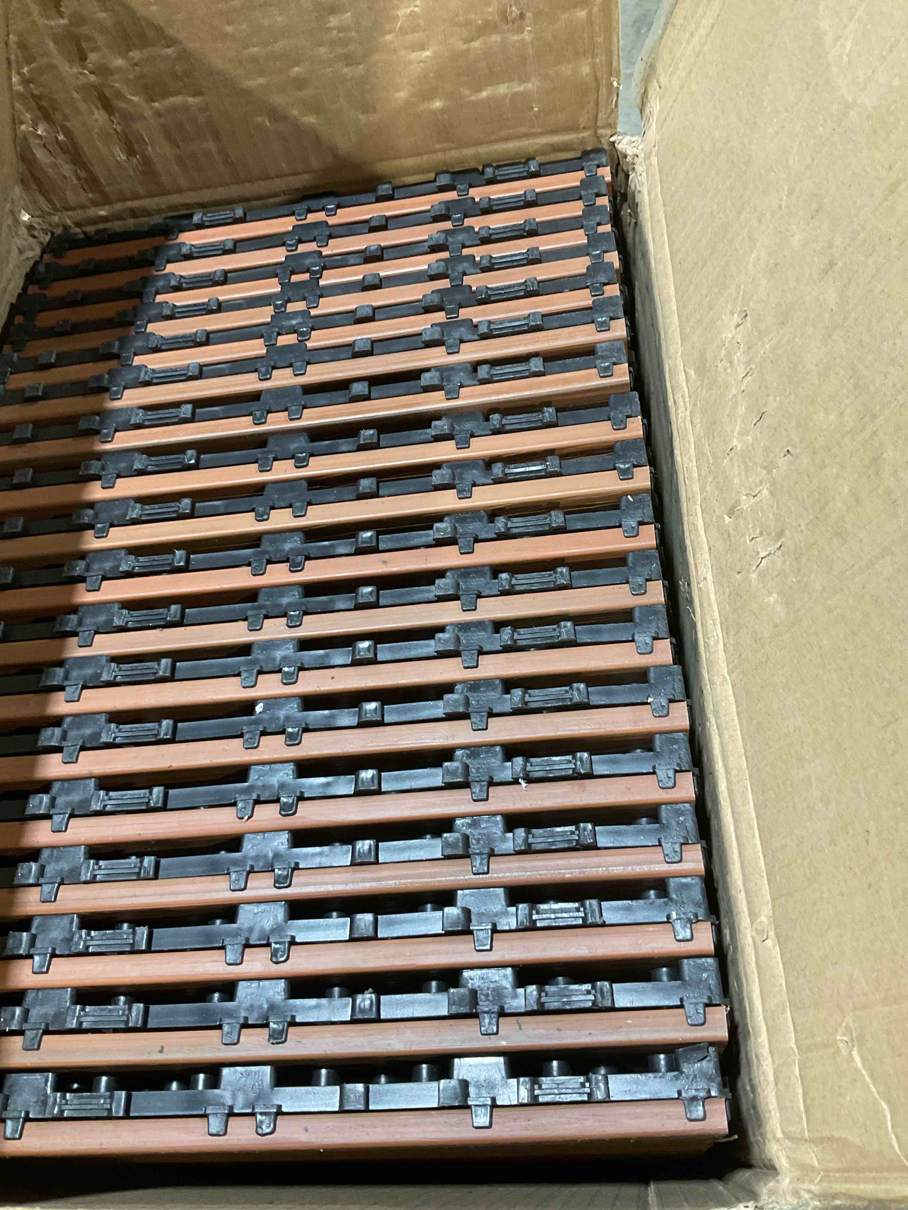 Condition photo showing New/Like New for 18 pcs wood - plastic floor, interlocking tiles, waterproof, fireproof 