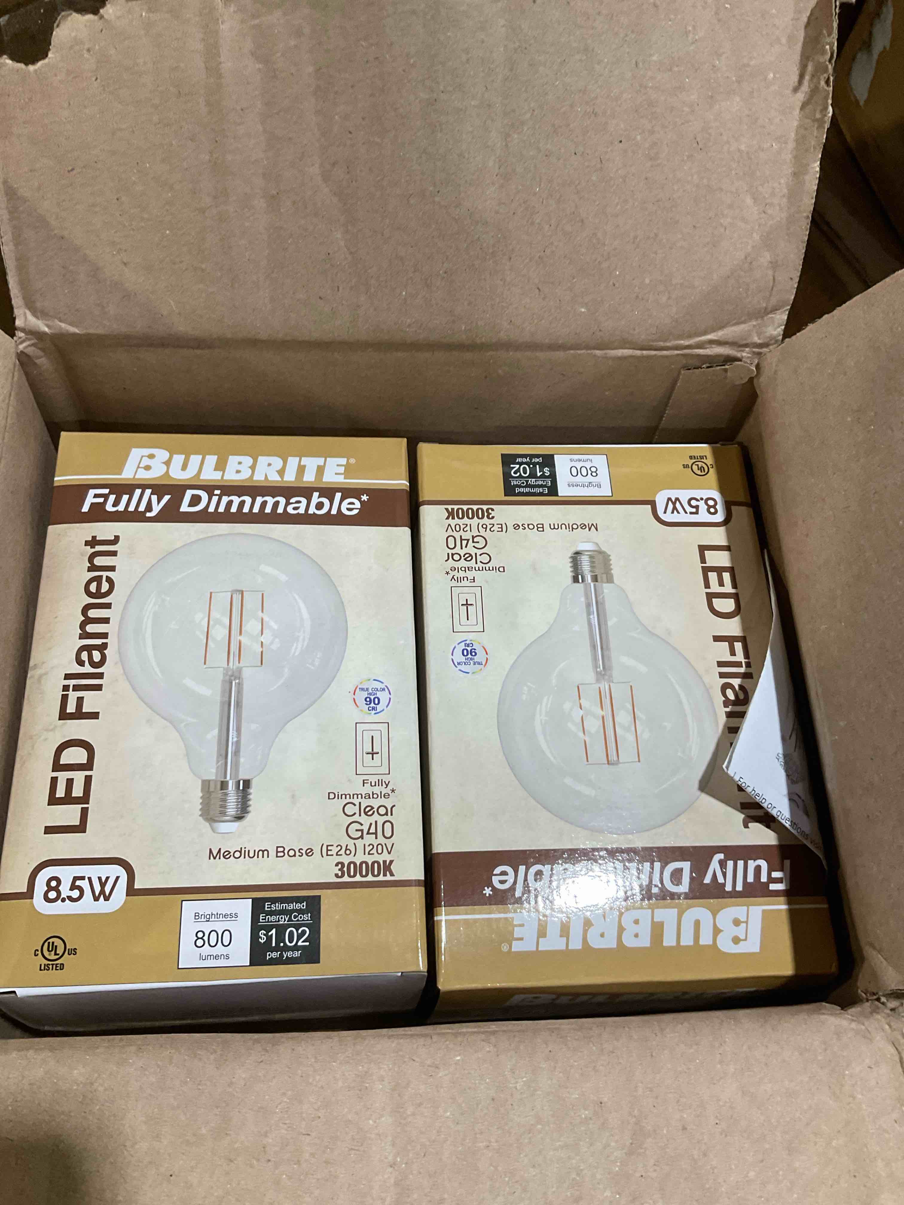 Condition photo showing New/Like New for bulbrite 776879, 8.5 watt filament led light bulb, g40 bulb type, e26 standard base, 800 lumens, 3000k color temperature (cct), high cri: 90, led4b11/27k/fil/e26/3