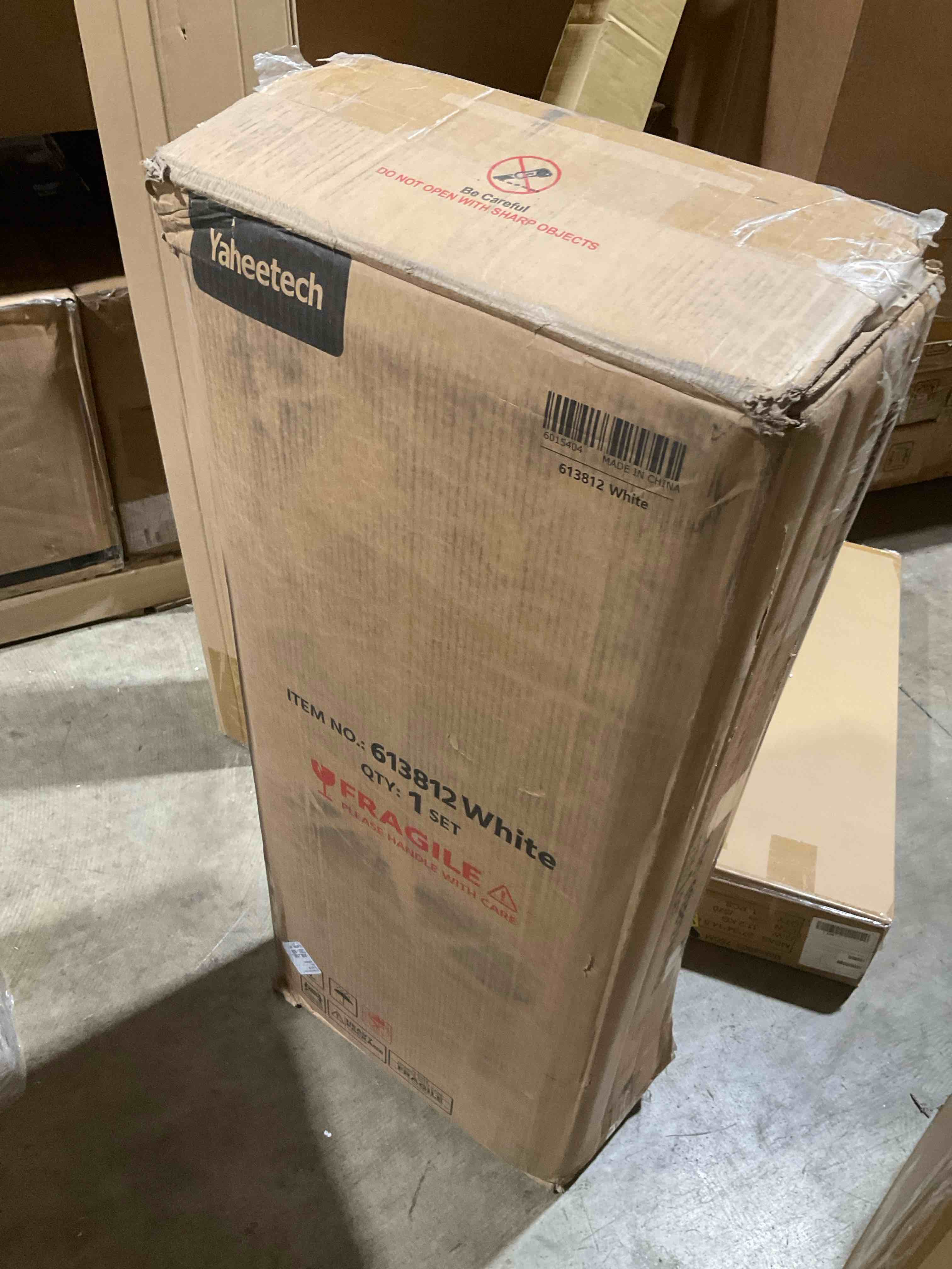 Condition photo showing New/Like New for yaheetech wooden floor cabinet, side storage organizer with 4 drawers and 1 cupboard, freestanding entryway storage unit console table, bathroom furniture home decor, white 22 x 12 x 32.5 in (lxwxh) white