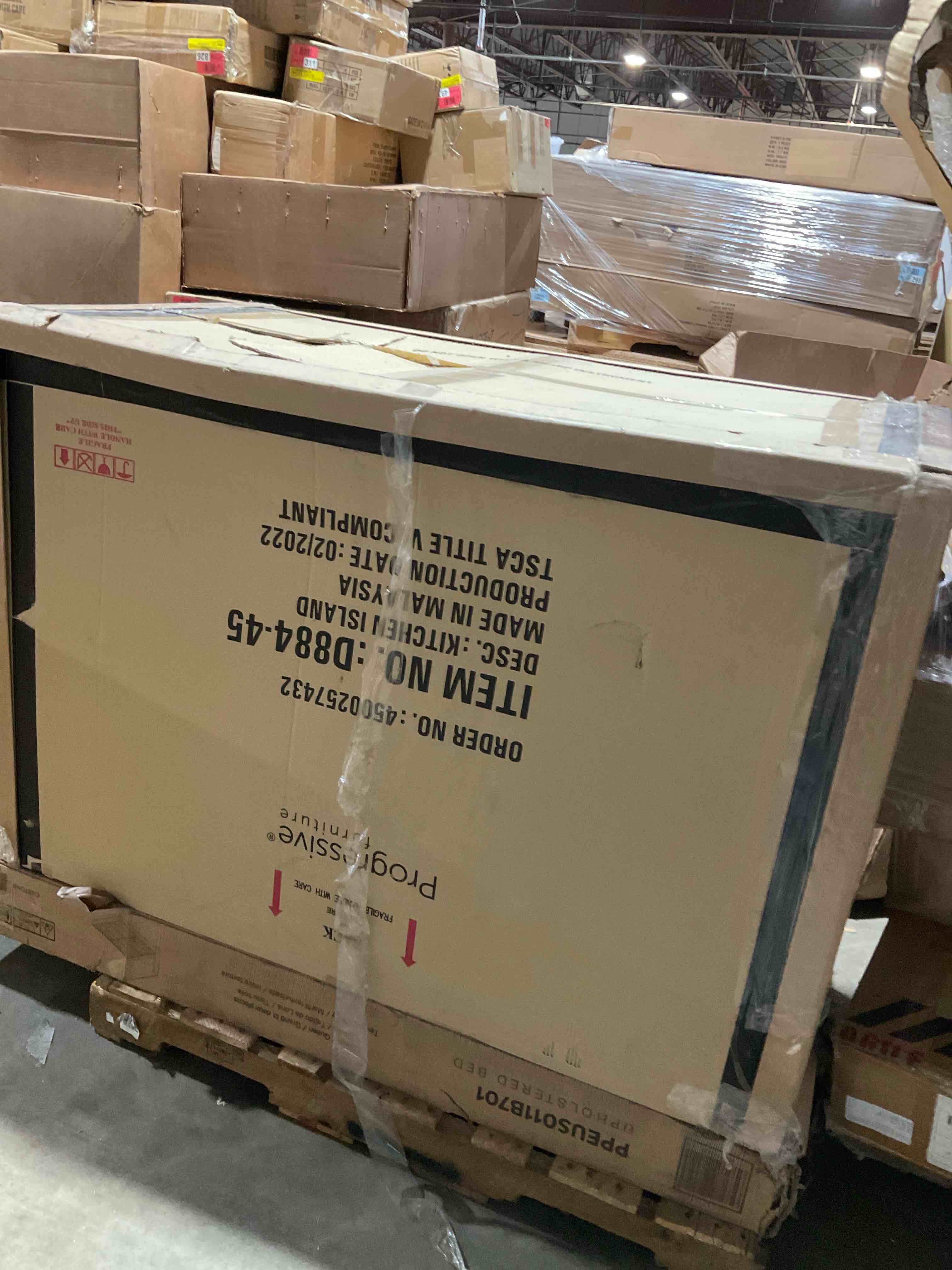 Condition photo showing New/Like New for kitchen island light oak/ distressed white d884-45 54"l x 28"d x 36"h