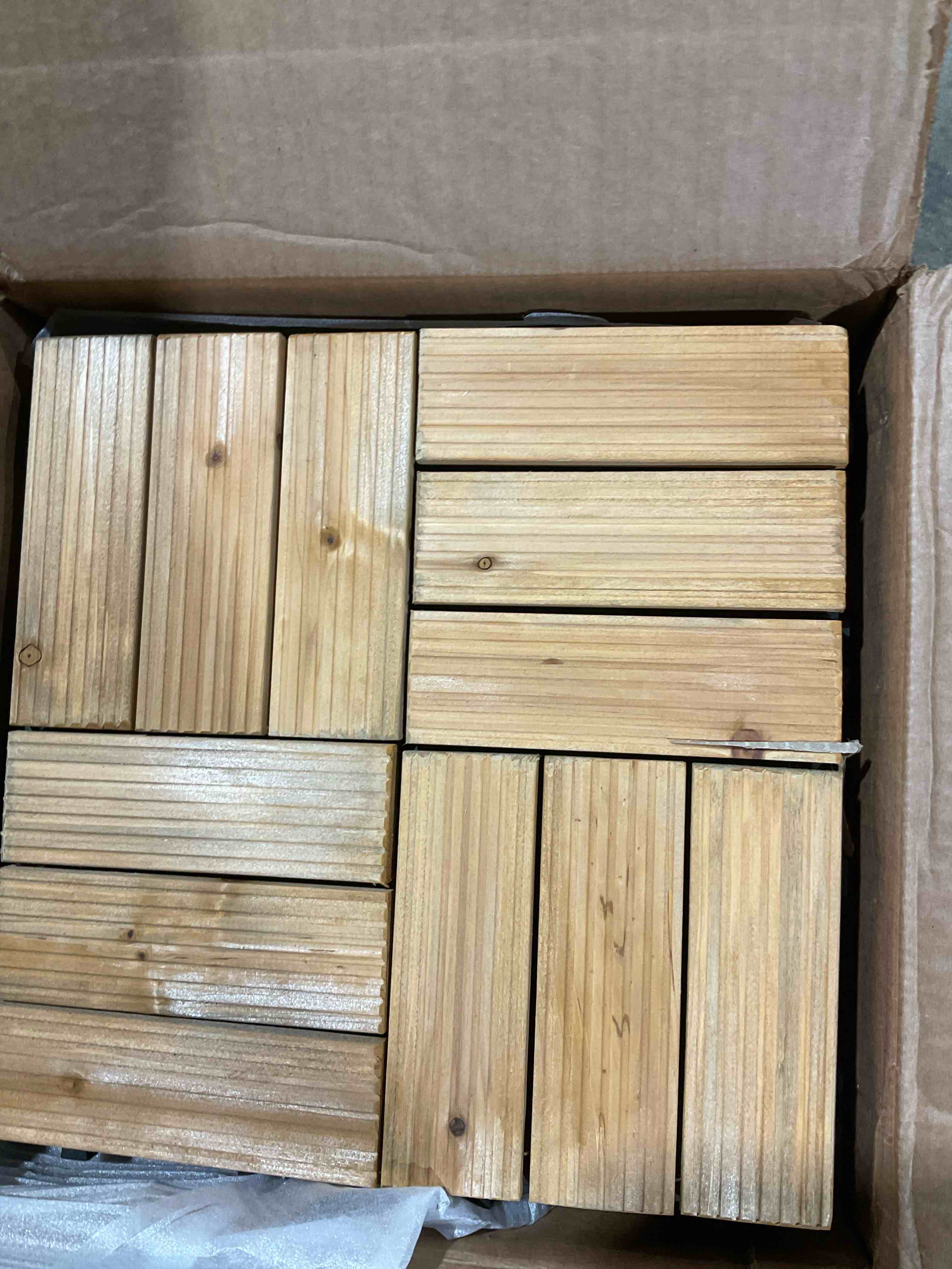 Condition photo showing New/Like New for tangkula 27 pcs interlocking deck tiles, 12" x 12" acacia wood floor tiles for patio, balcony, garden indoor, 27 sq. ft flooring pavers outdoor waterproof, tools free assembly (checker)