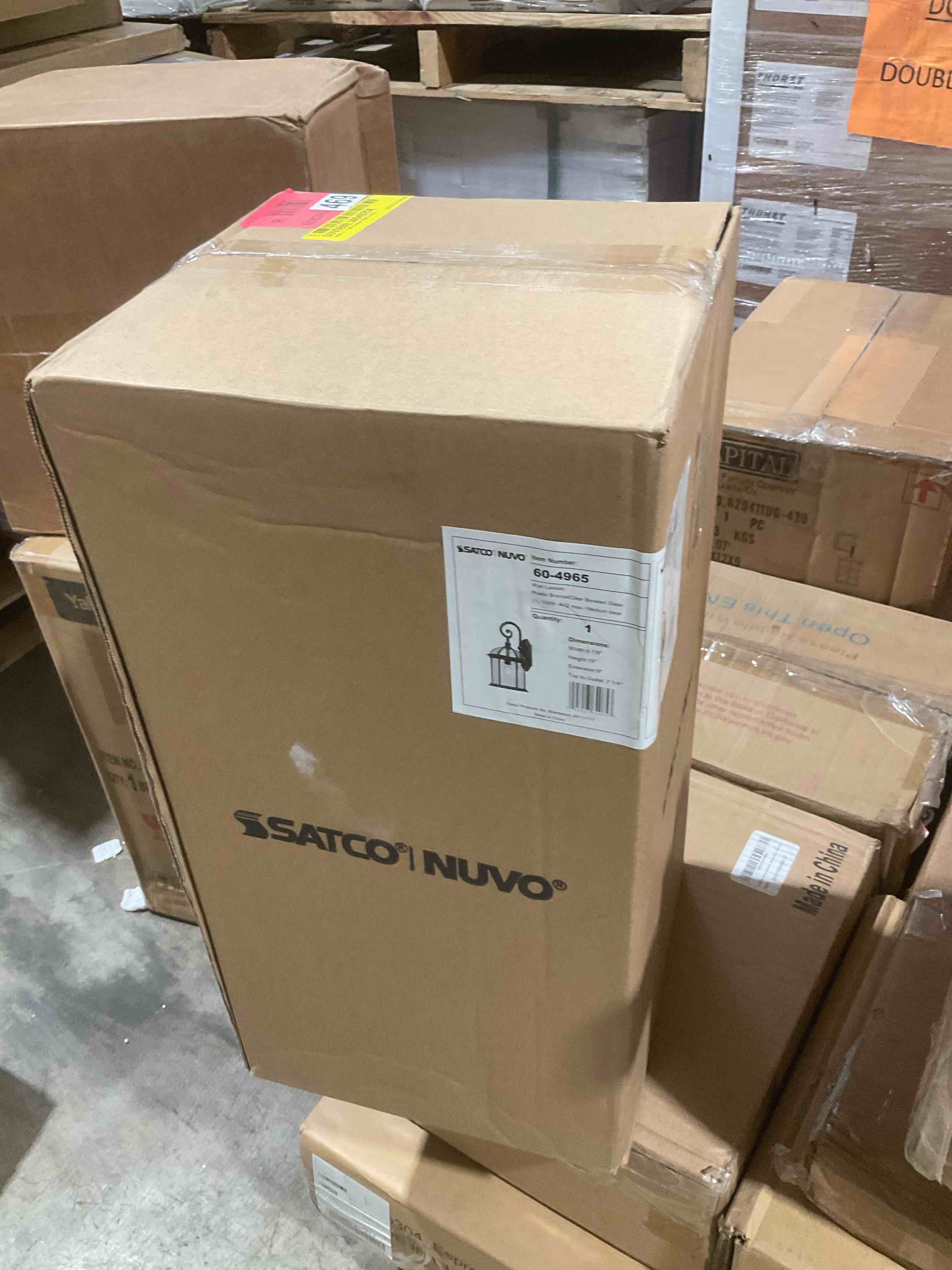 Condition photo showing New/Like New for nuvo lighting 60/4965 boxwood one light mid-size wall lantern/arm down 100 watt a19 max. clear beveled glass rustic bronze outdoor fixture