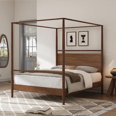 Solid Wood Canopy Bed Frame, King/Queen/Full Size Walnut Four-Poster Bed