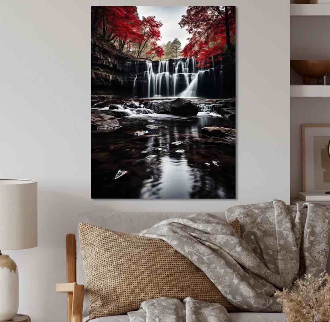 Grey and Red Waterfall Of Eternity I - Waterfall Framed Prints