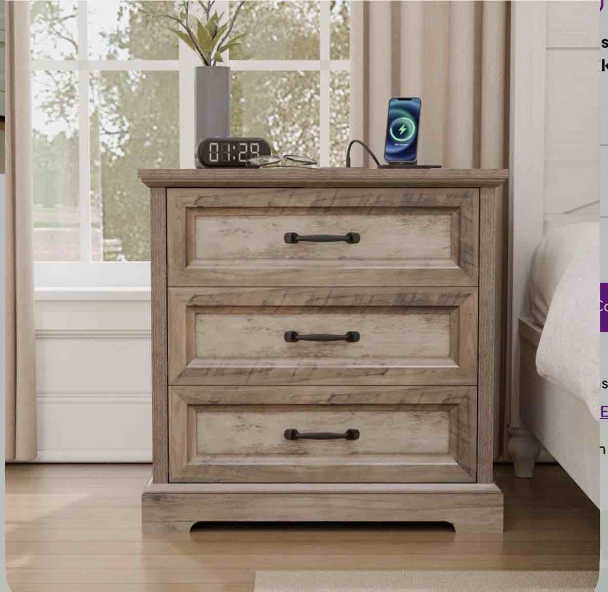 Farmhouse Nightstand with Charging Station, 3 Drawers Bedside Table 