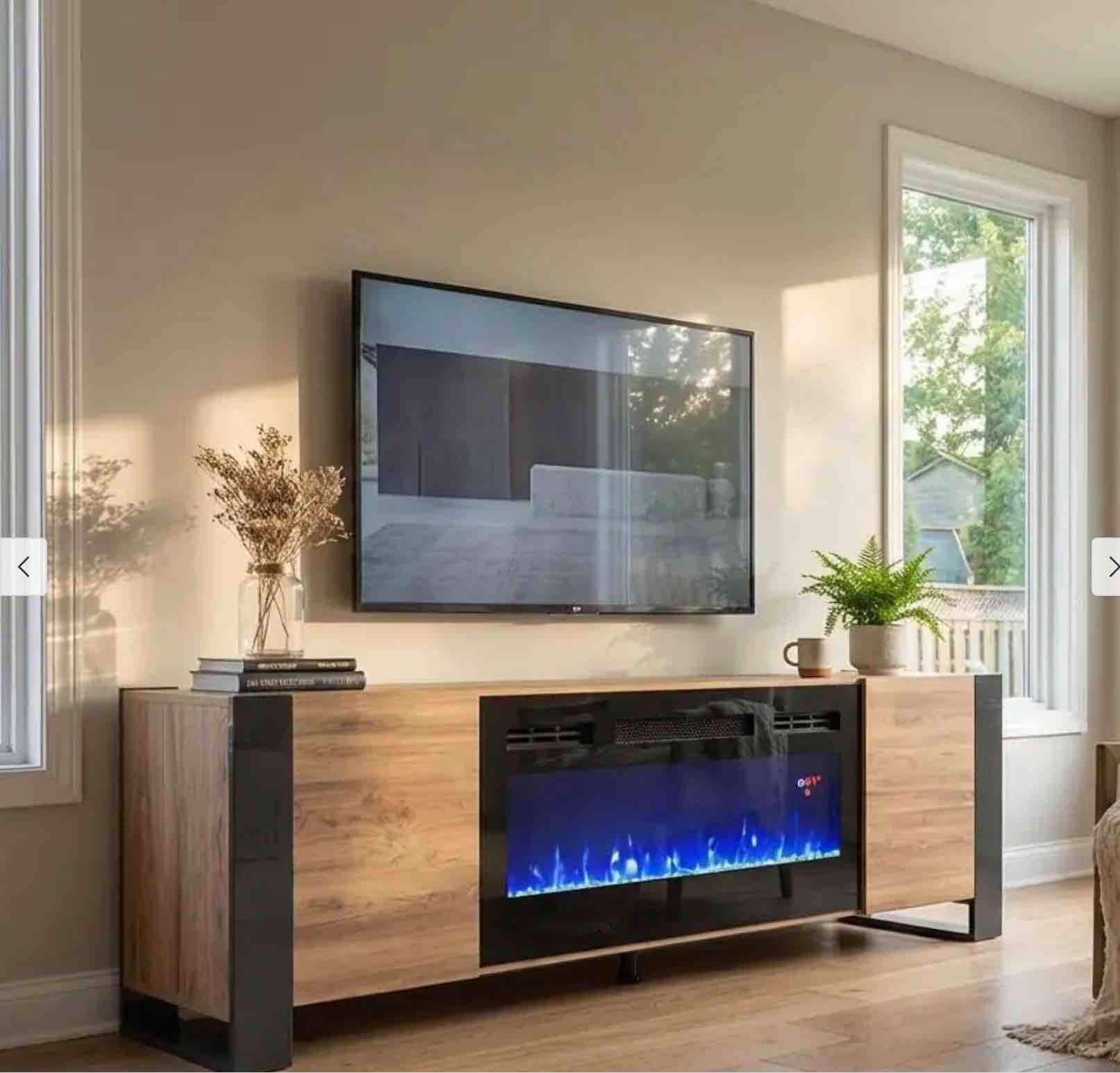 Meble Furniture Woody Electric Fireplace 77" TV Stand with 40" Insert, Remote & 3 Flame