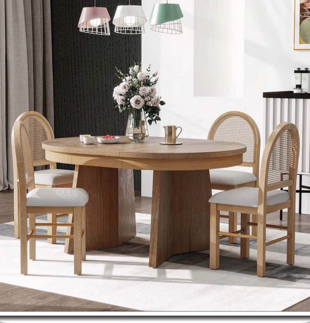 Maximili 5-Piece Extendable Dining Set with Oval Table & Rattan Bac