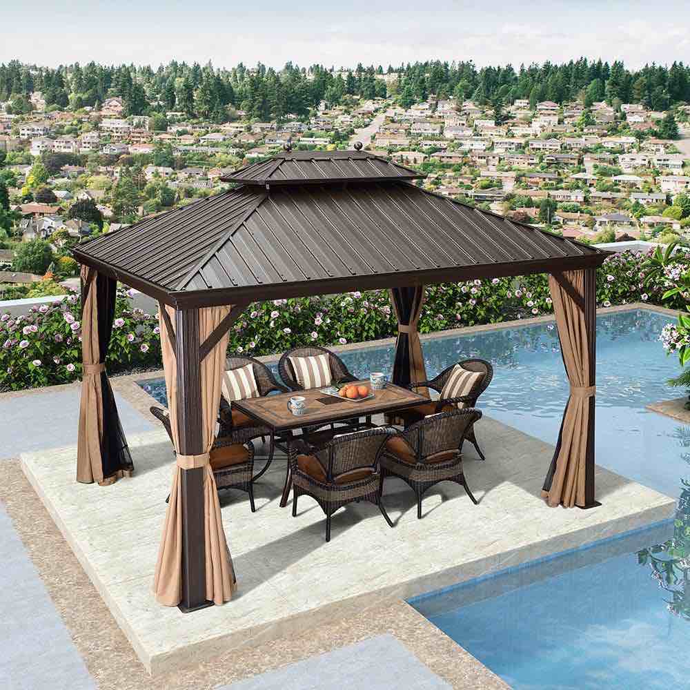 PURPLE LEAF Outdoor Hardtop Gazebo for Garden Bronze Double Roof Aluminum Frame Pavilion