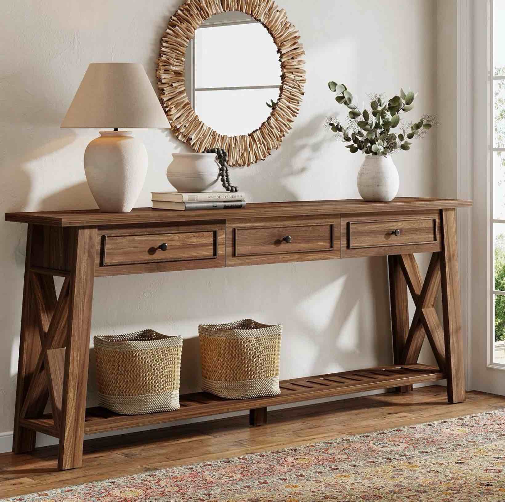 Lantine 70.87- inch console Table with 3 Drawers and Bottom Shelf Extra Long Sofa Table For Living Room, Entryway, Hallway Walnut 