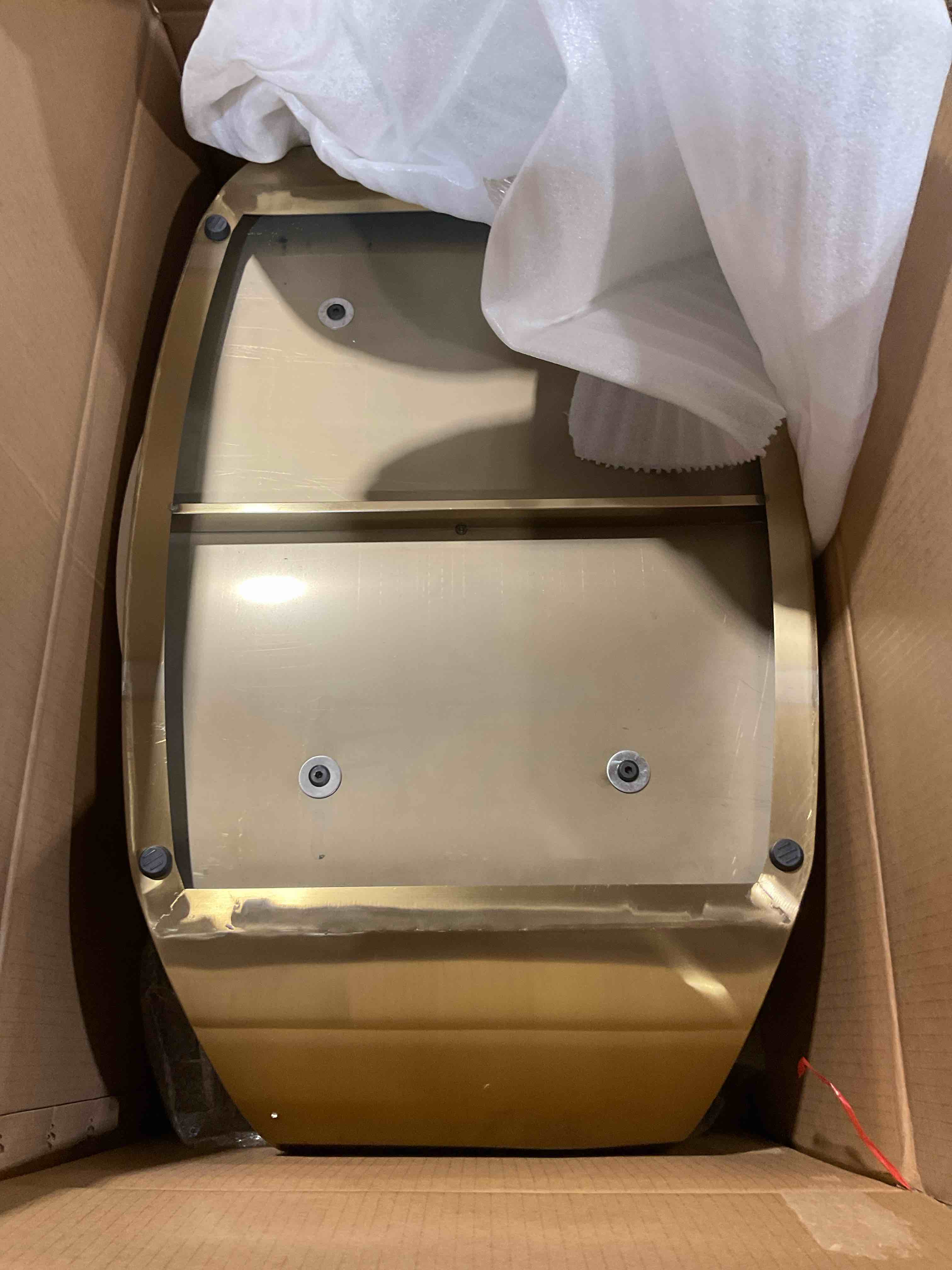 Condition photo showing Good Condition for oval coffee table with faux stone finish with marble grain,accent center table with gold stainless steel base and drawer,luxrious living room table