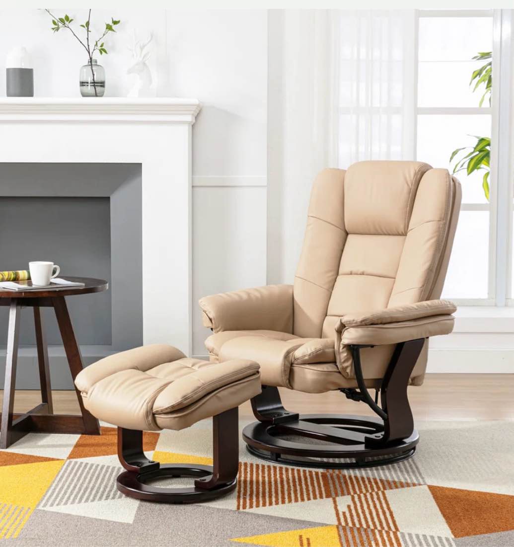 33” contemporary leather recliner and ottoman with swiveling mahogny wood base 