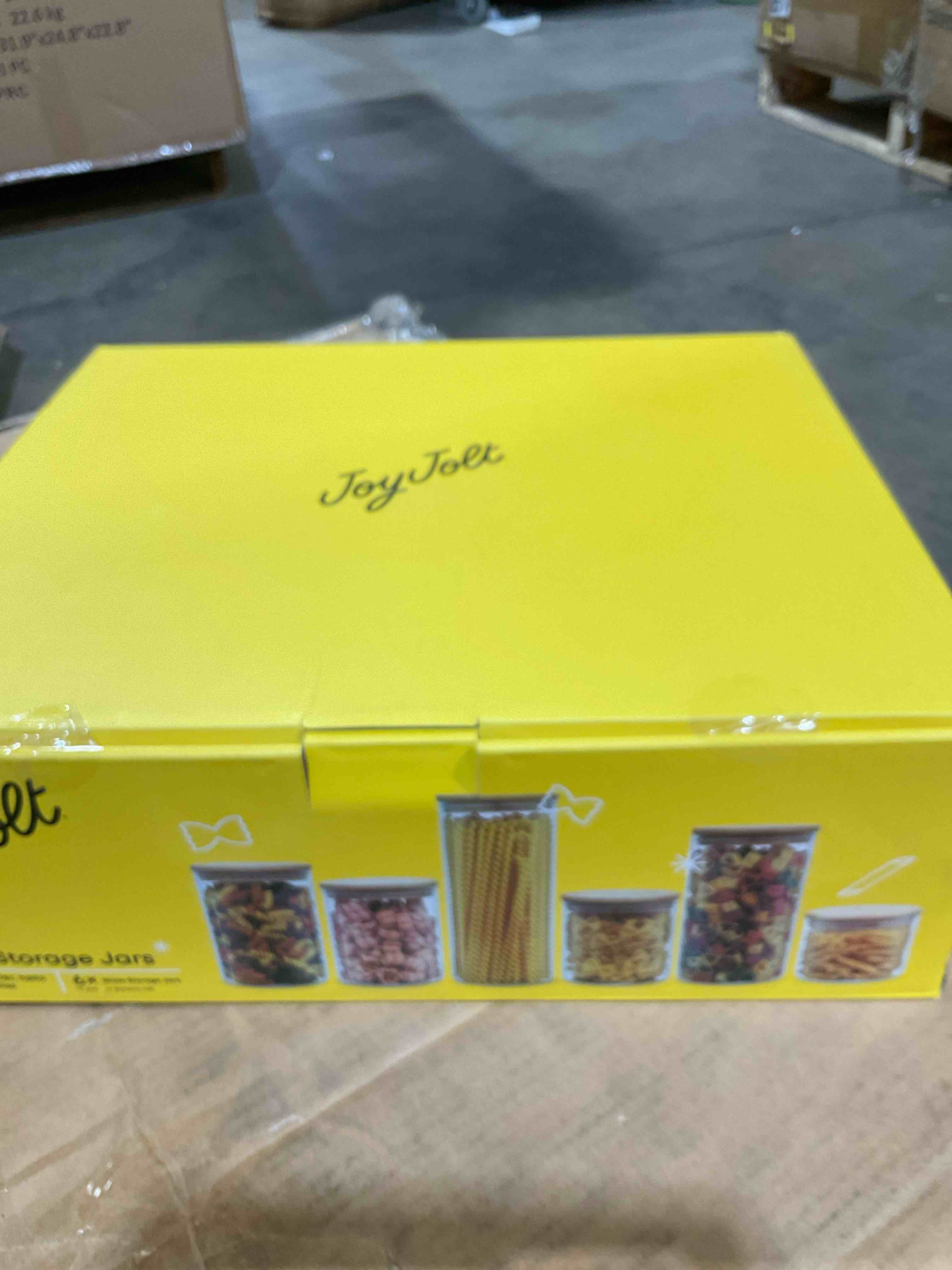 Condition photo showing New/Like New for joyjolt borosilicate glass jars with bamboo lids. 6 pc set of air tight sealable containers. food jar canisters with airtight lid for pantry storage and kitchen organization. bamboo covers