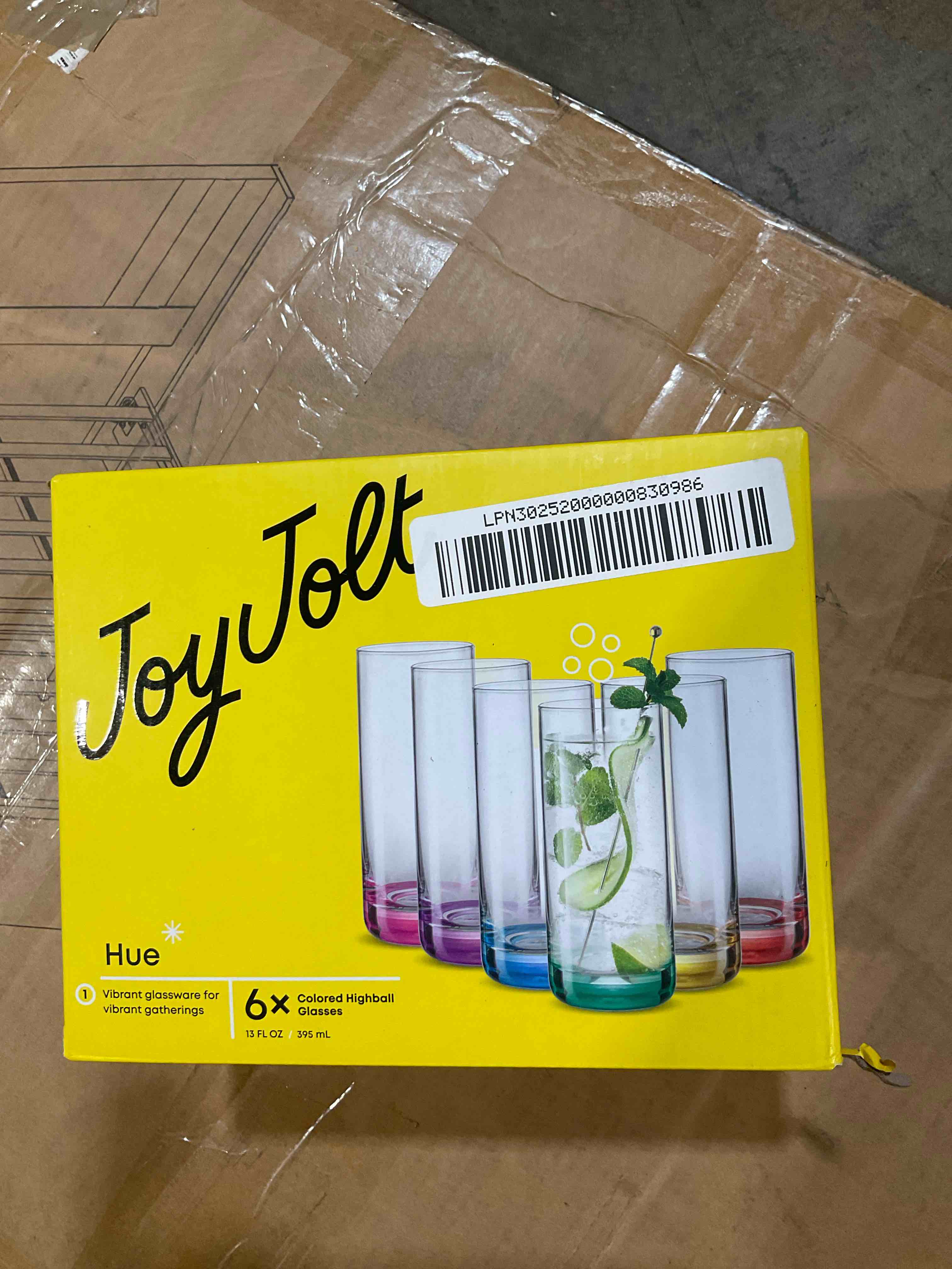 Condition photo showing New/Like New for joyjolt hue highball glasses set of 6 tall drinking glasses. 13oz cocktail glasses, bourbon whiskey glass cups set, mojito glass tumbler, tom collins glasses, water glasses. colored glassware sets