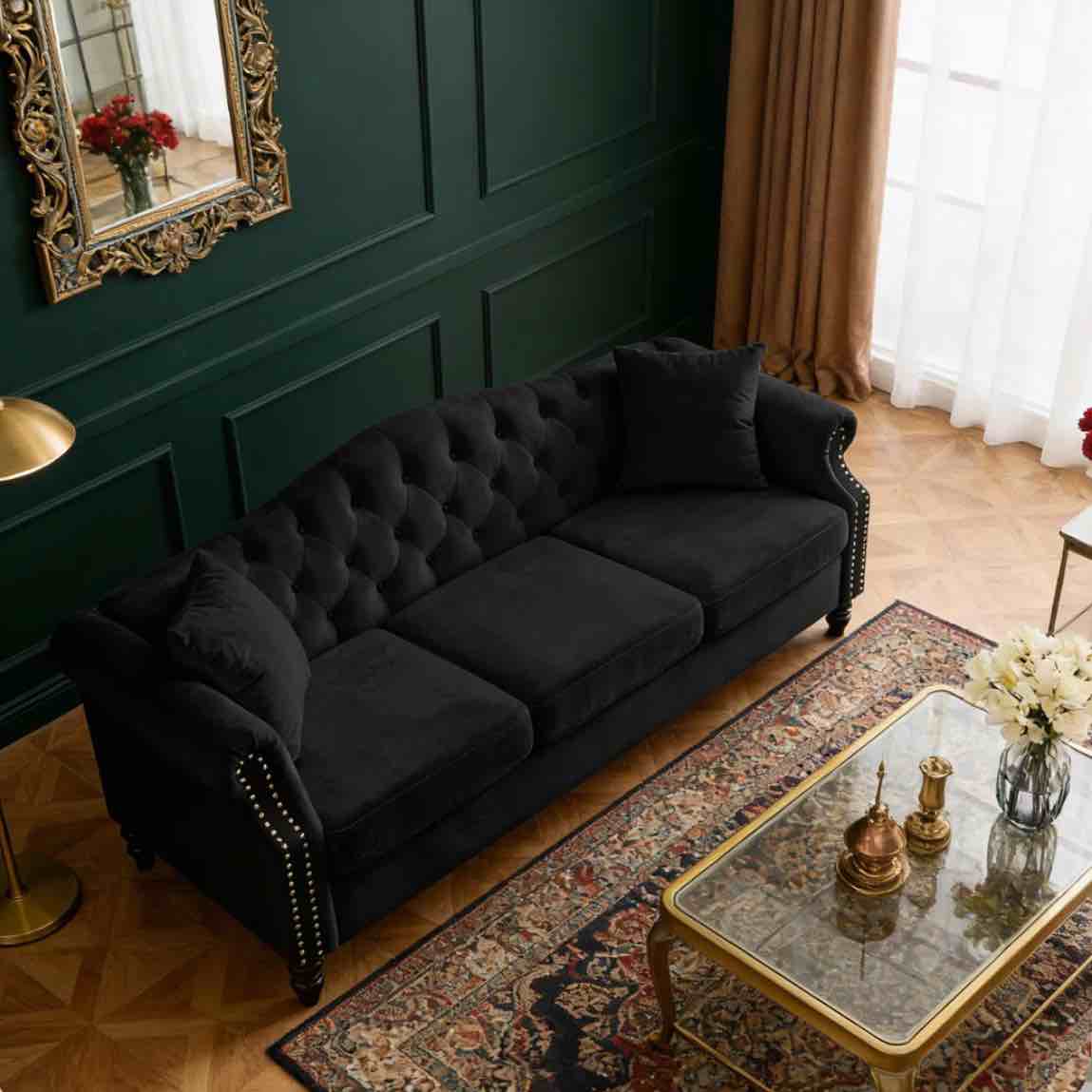 79" Chesterfield Sofa Velvet 3-Seater with High- Resilience Foam &