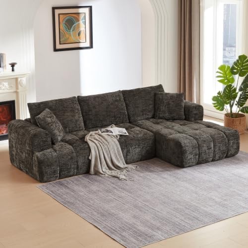 Luxury 108" Sofa with Oversized Chaise, L-Shaped Chenille Modular Cloud Couch with Deep Seat & 2 Pillows, Orange Boneless Couches for Living Room, Apartments, Homes (Khaki, Right Facing Chaise) incomplete 