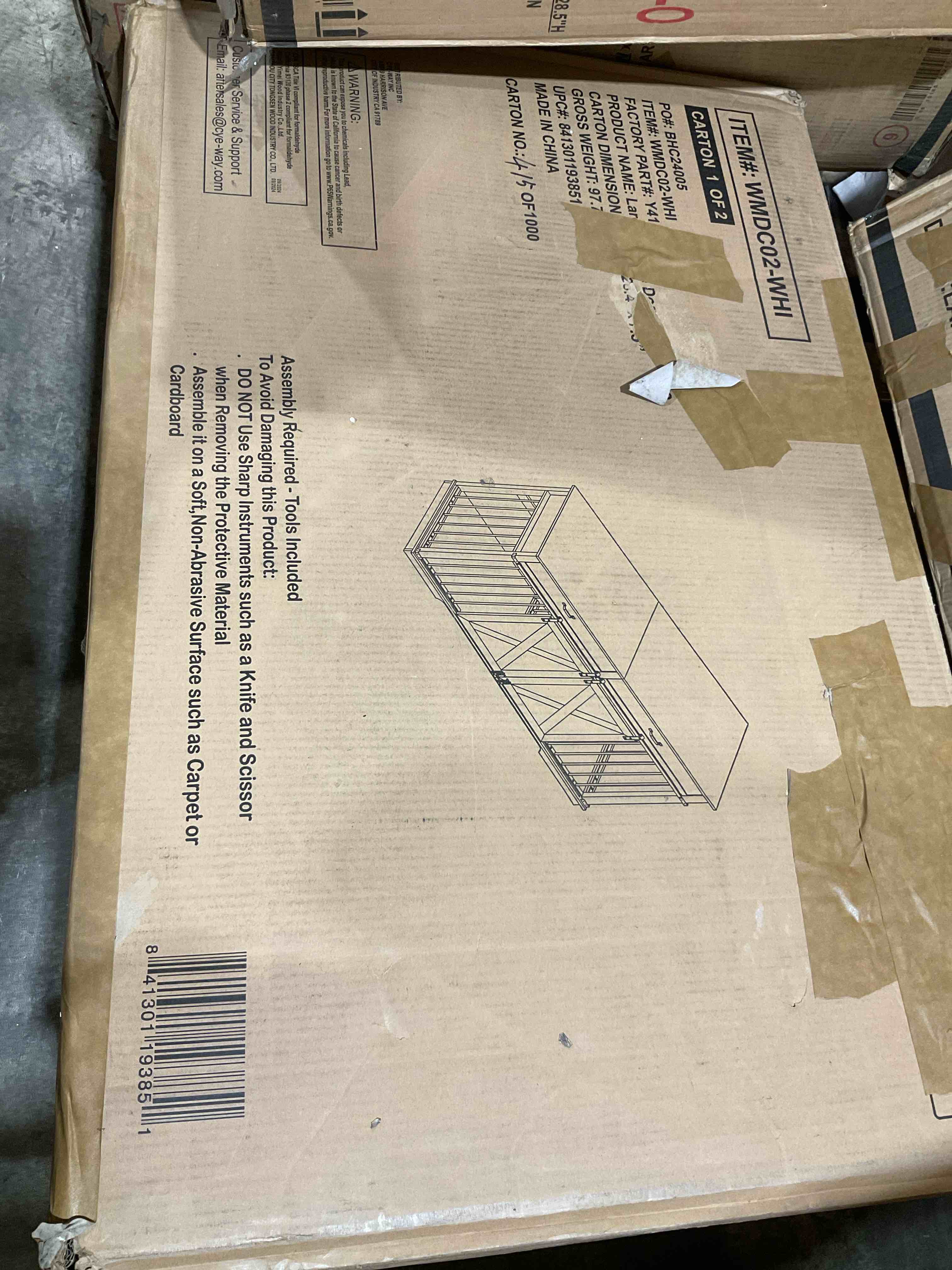 Condition photo showing Good Condition for 72.5" xxl wooden double dog crate furniture for 2 large breeds, farmhouse barn door, removable divider, water resistant with built-in drawers, home decor pet kennel, white
