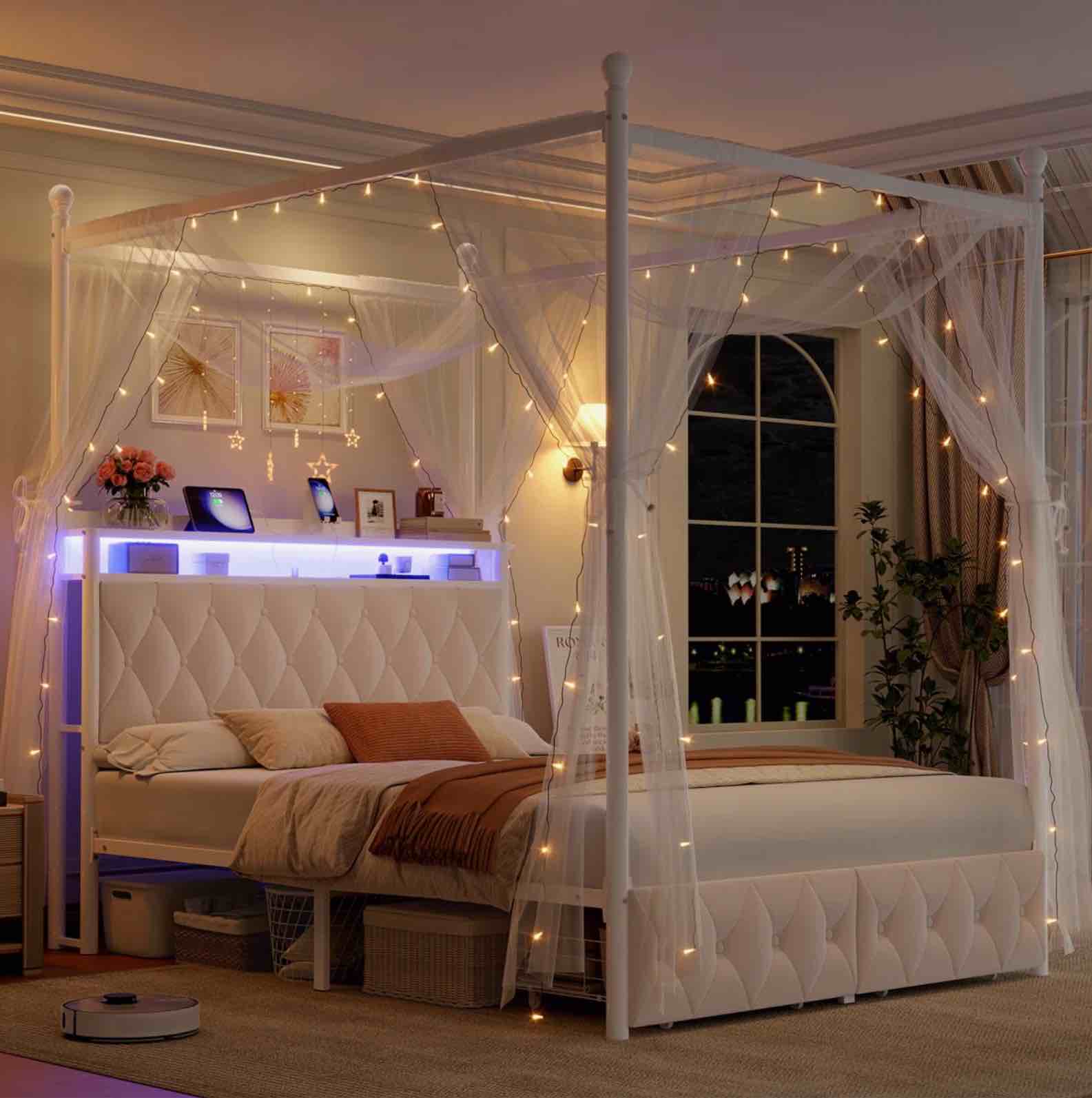  led canopy bed frame with usb charging & drawers, metal bed size twin 