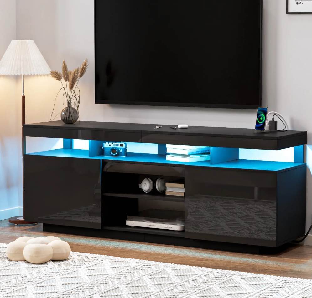 Hommpa LED TV Stand for TVs up to 70" with Power Outlets Modern Entertainment Center High Gloss Large TV Cabinet Adjustable Shelf PS5 Storage Gaming Media Console
