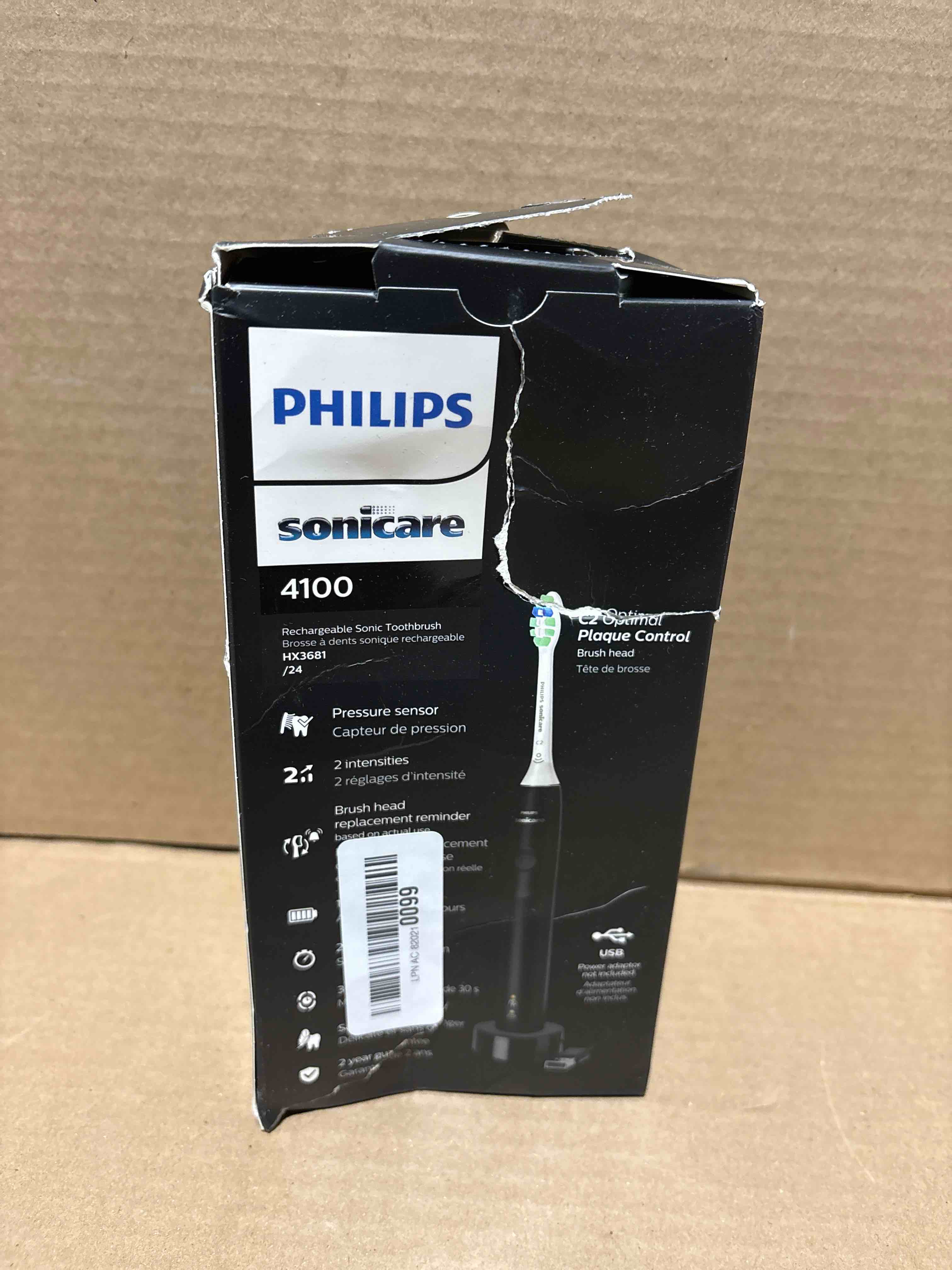 Condition photo showing New/Like New for Philips Sonicare 4100 Rechargeable Electric Toothbrush, with Pressure Sensor, 2 Intensity Settings, SmarTimer and QuadPacer, 14-Day Battery Life, Black, Model HX3681/24 1 Count (Pack of 1) Black