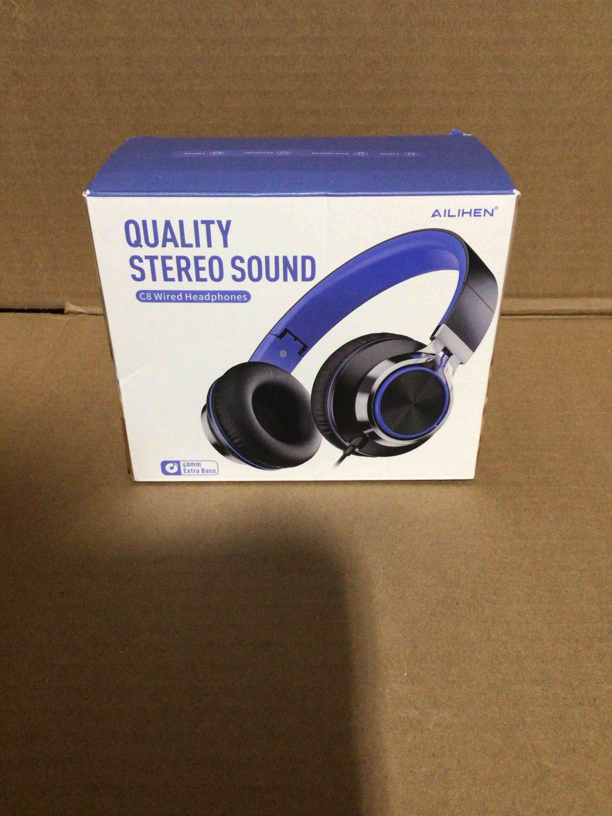Condition photo showing New/Like New for AILIHEN C8 Headphones Wired, On-Ear Kids Headphones with Microphone and Volume Control Foldable Corded Stereo 3.5mm Headset for School Teens Smartphones Chromebook Laptop Tablets Travel (Black Blue) Black, Blue Medium