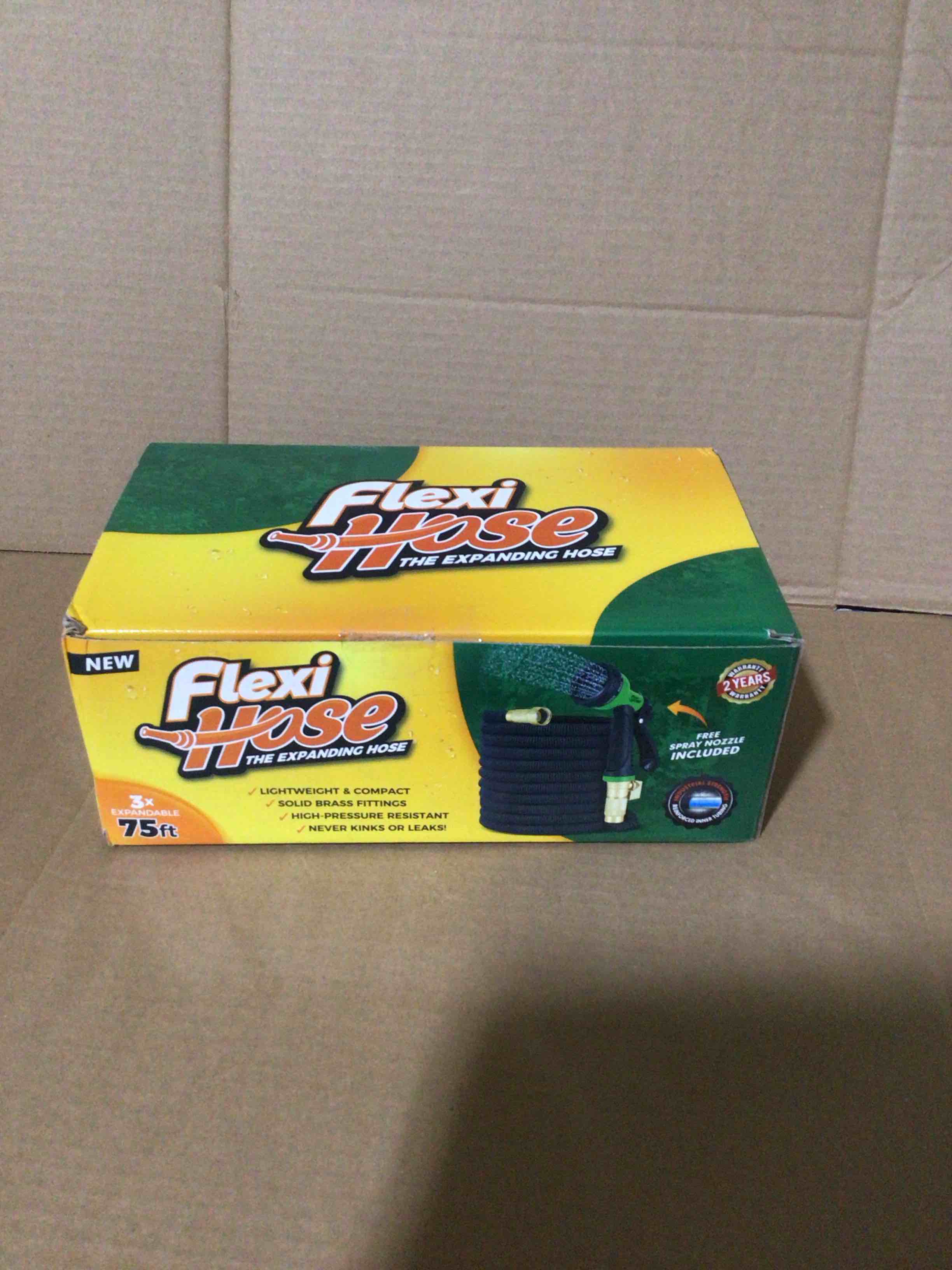 Condition photo showing New/Like New for Flexi Hose Expandable Garden Hose with 8 Function Nozzle, 75FT - Lightweight Retractable Garden Hose, Water Hose - No-Kink Flexibility, 3/4 Inch Solid Brass Fittings and Double Latex Core 75ft Black