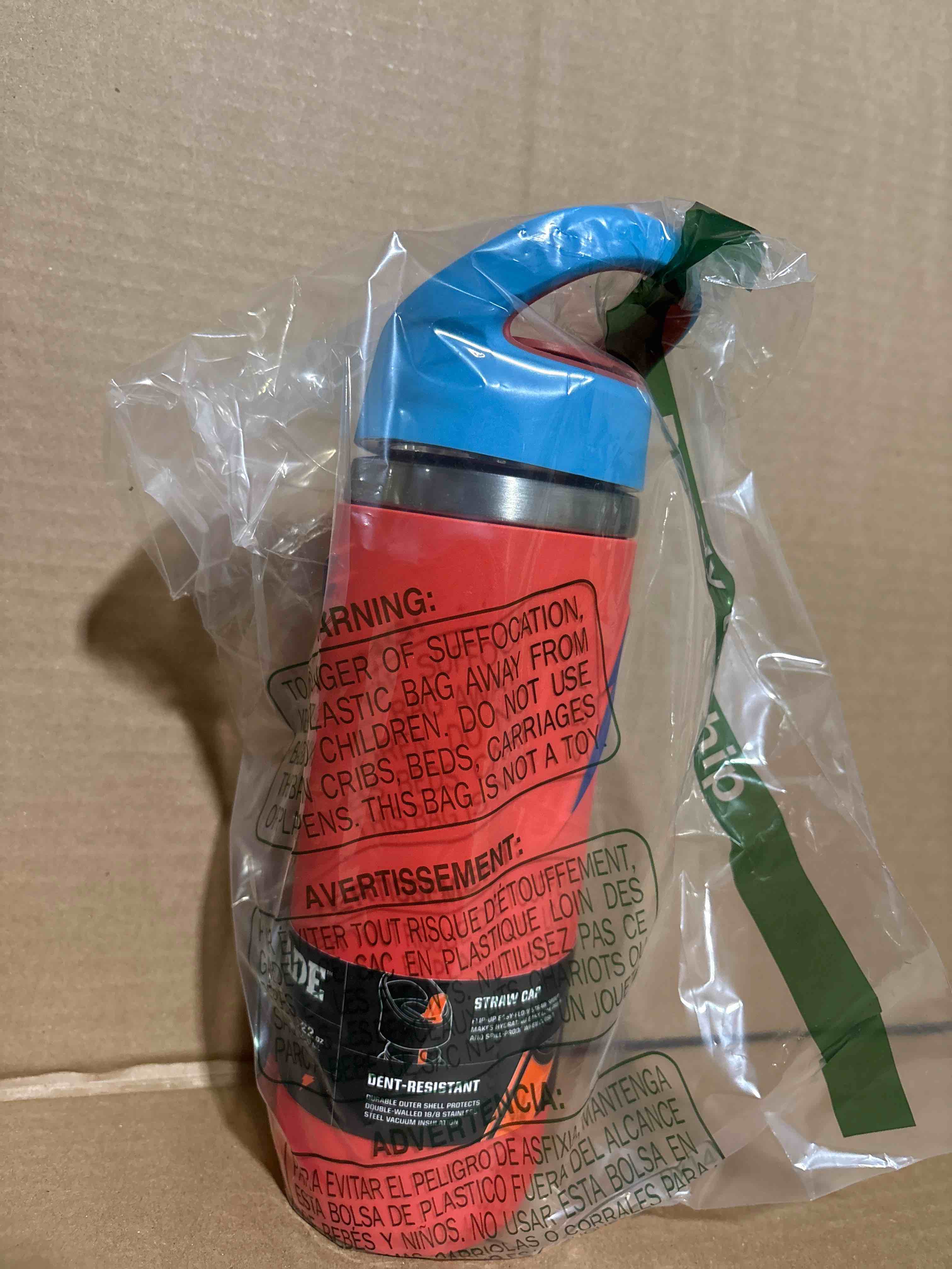 Condition photo showing Good Condition for Gatorade 'Overtime' 22oz Stainless Steel Water Bottle, Straw Cap, Red/Blue Straw Cap 22 Ounces Red/Blue