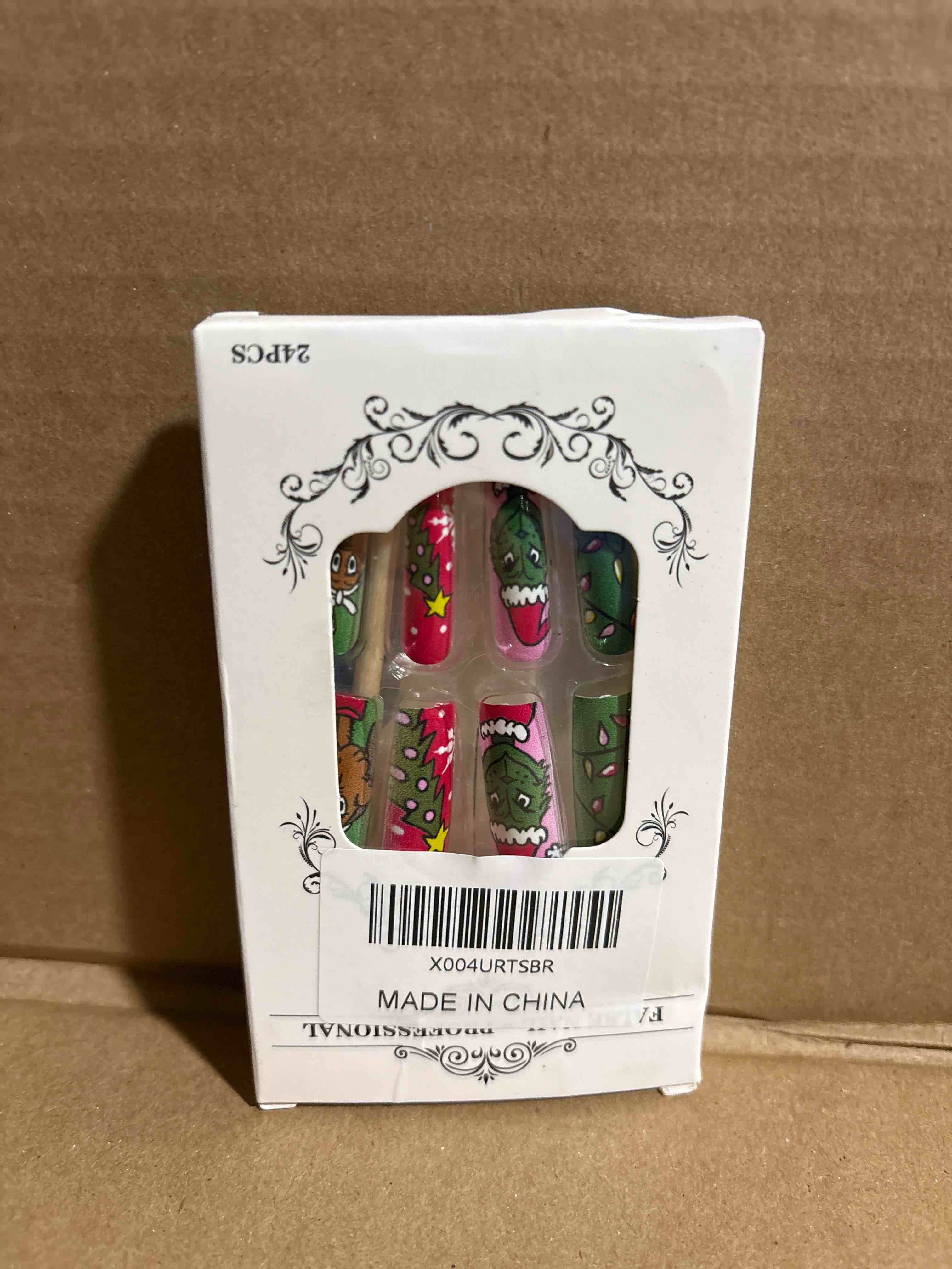 Condition photo showing New/Like New for Christmas Press on Nails Long Coffin Pink False Nails Green Haired Monster Designs Cute Christmas Fake Nails Full Cover Glossy Glue on Nails Holiday Artificial Nail for Women DIY Xmas Nail 24Pcs Christmas Nails Design-14