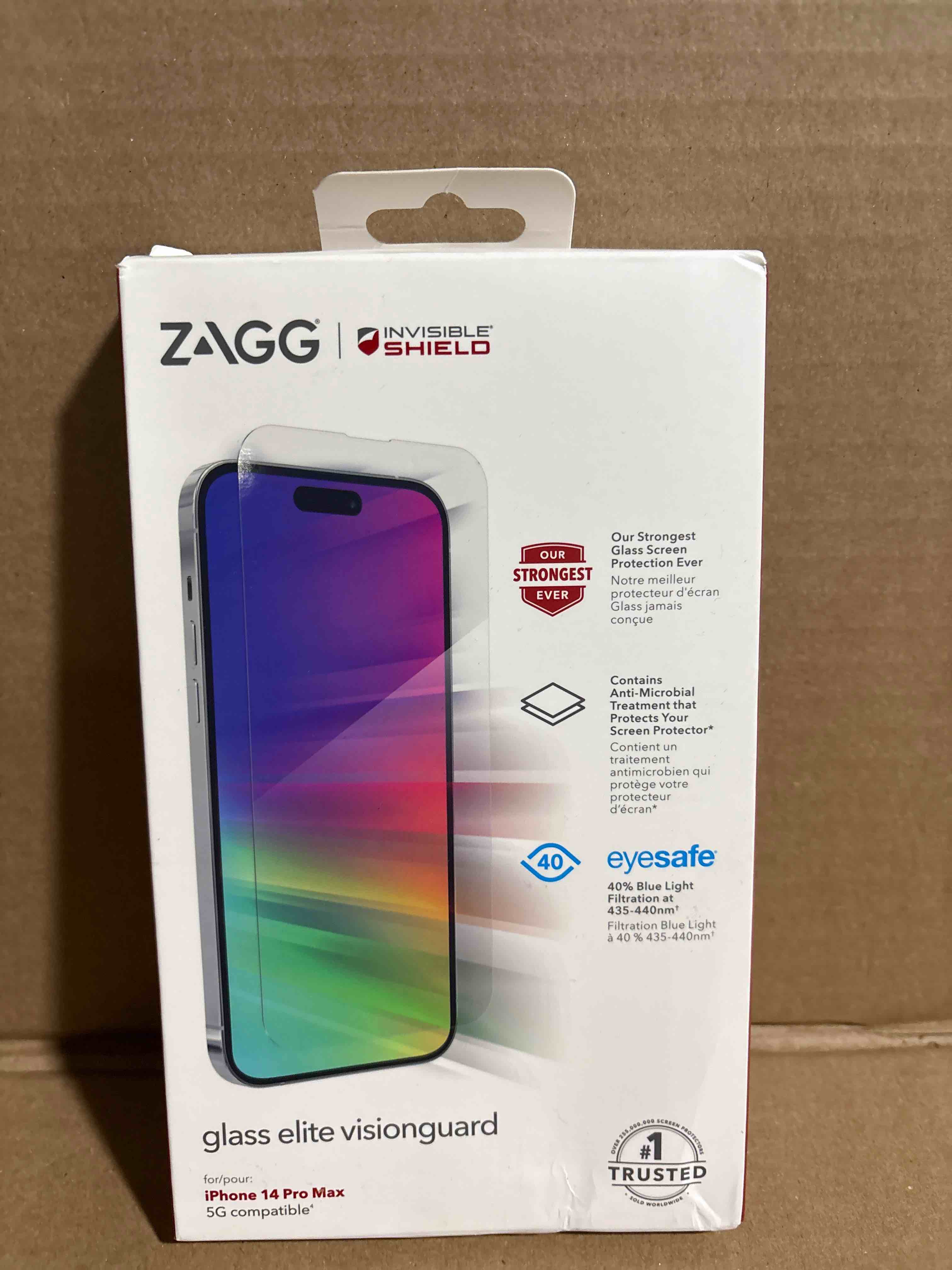 Condition photo showing New/Like New for ZAGG Glass Elite VisionGuard Screen Protector for Apple iPhone 14 Pro Max - 5X Stronger, Blue-Light Protection, Anti-Fingerprint Technology, InvisibleShield, Easy to Install iPhone 14 Pro Max Glass Elite VisionGuard