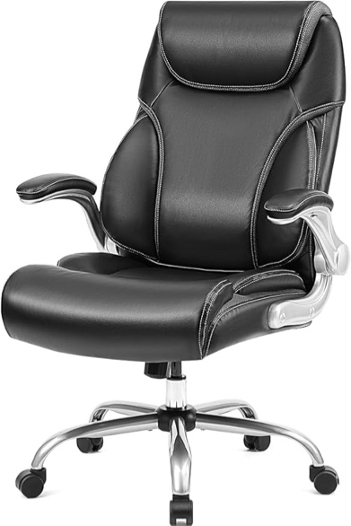 (Similar) High Back Leather Executive Chair Adjustable Tilt Angles Swivel Office Desk Chair with Thick Padding for Armrest and Ergonomic Design for Lumbar Support (Black, Flip Arm Large