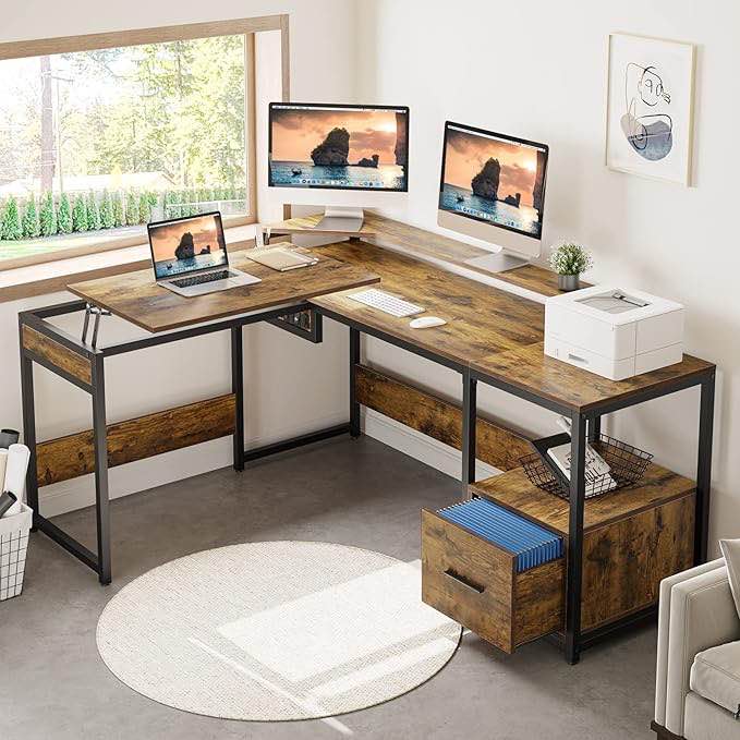 ( Incomplete 1 of 2) FTOFOD-6045 Shaped Desk with File Drawer, 65" Large Computer Desk Corner Desk with Lift Top, Standing Desk Height Adjustable with Monitor Stand & Storage Shelves for Home Office, Rustic WHITE