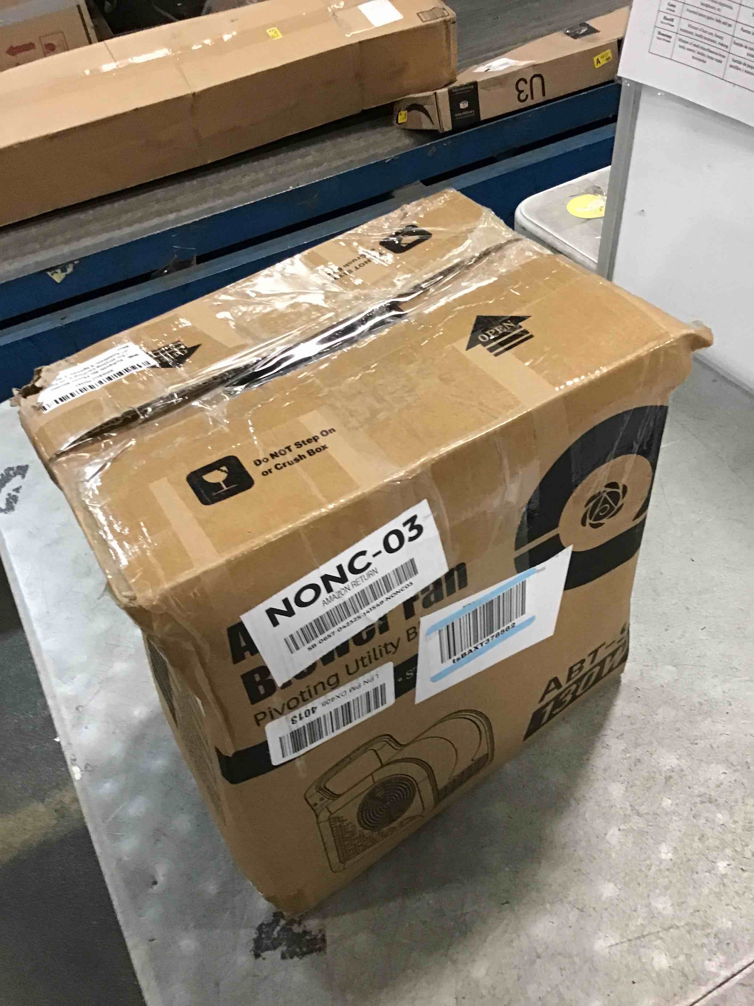 Condition photo showing As Is for portable blower fan for home: high velocity floor fans for cooling and drying - air mover with 185° rotating for bedroom, garage, shop and gym, 3 speeds utility fan with 2 ac outlets, blue