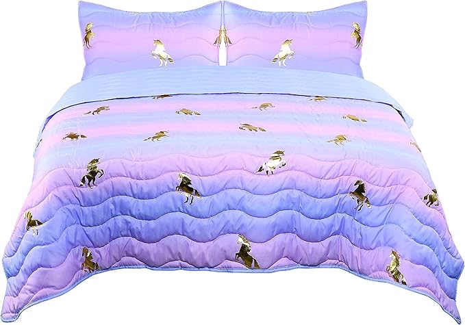 Tadpoles 3-Piece Girls Unicorn Quilt Set | 1 Twin Bed Size Quilt & 2 Standard Shams | Made of 100% Micro-Denier Polyester Fiber | Soft, Smooth & Durable | Ideal for Teens | Metallic Gold Unicorns
