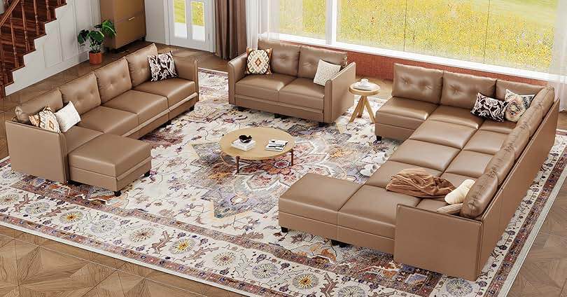 PPorfamilia 130'' Modular L-Shaped Sectional Sofa Set, 4 Seat Comfort Sectional Couches for Living Room with Removable Ottoman, Customizable DIY Combination